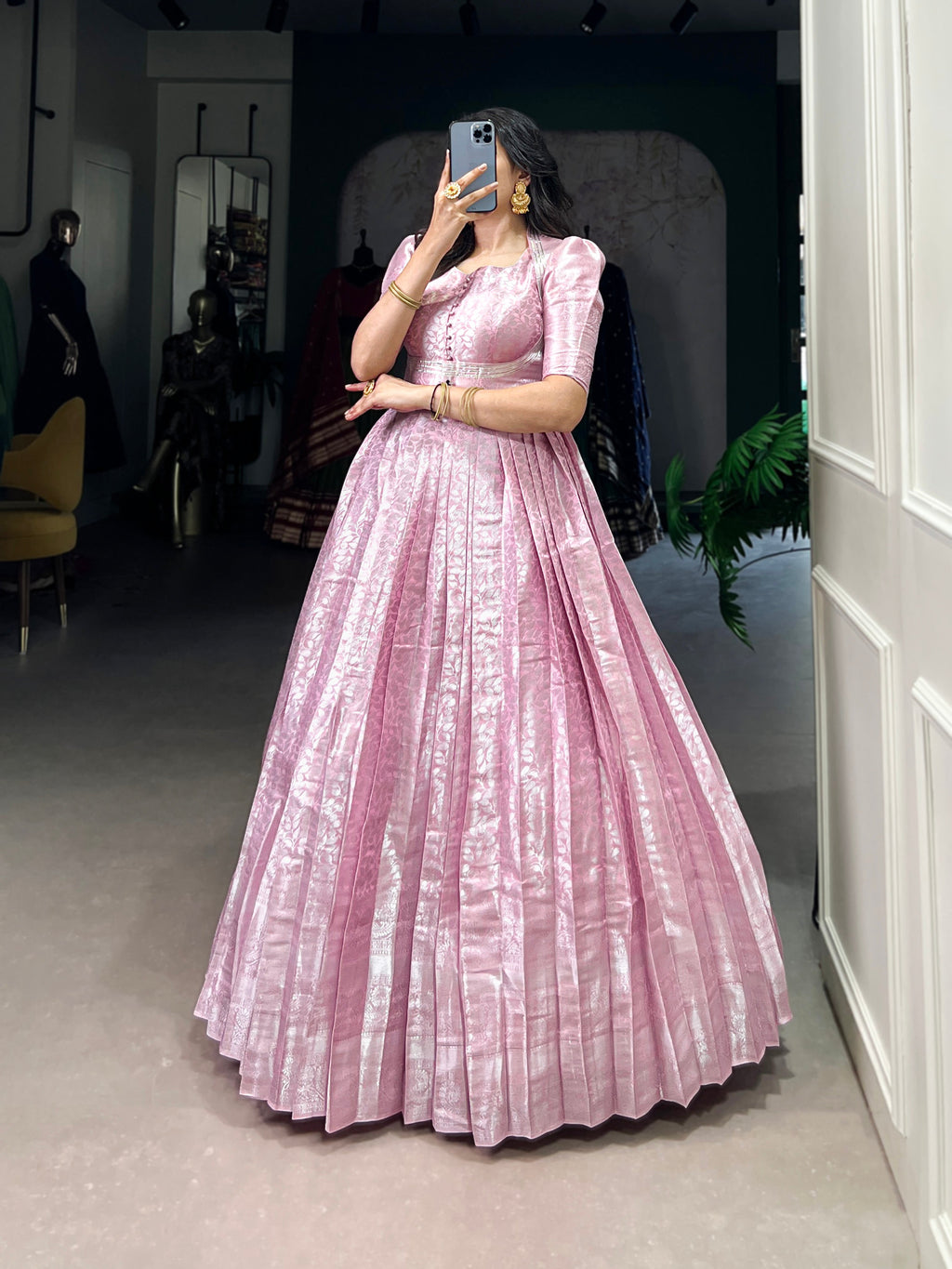 Pink Kanjivaram zari weaving work gown with lace touch-up koti