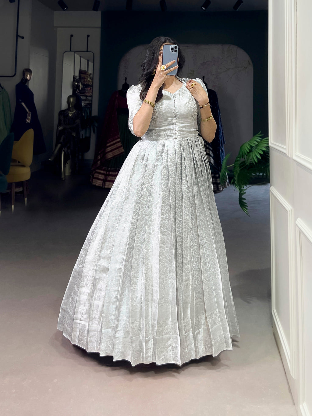 Grey traditional Kanjivaram gown with zari work and designer koti