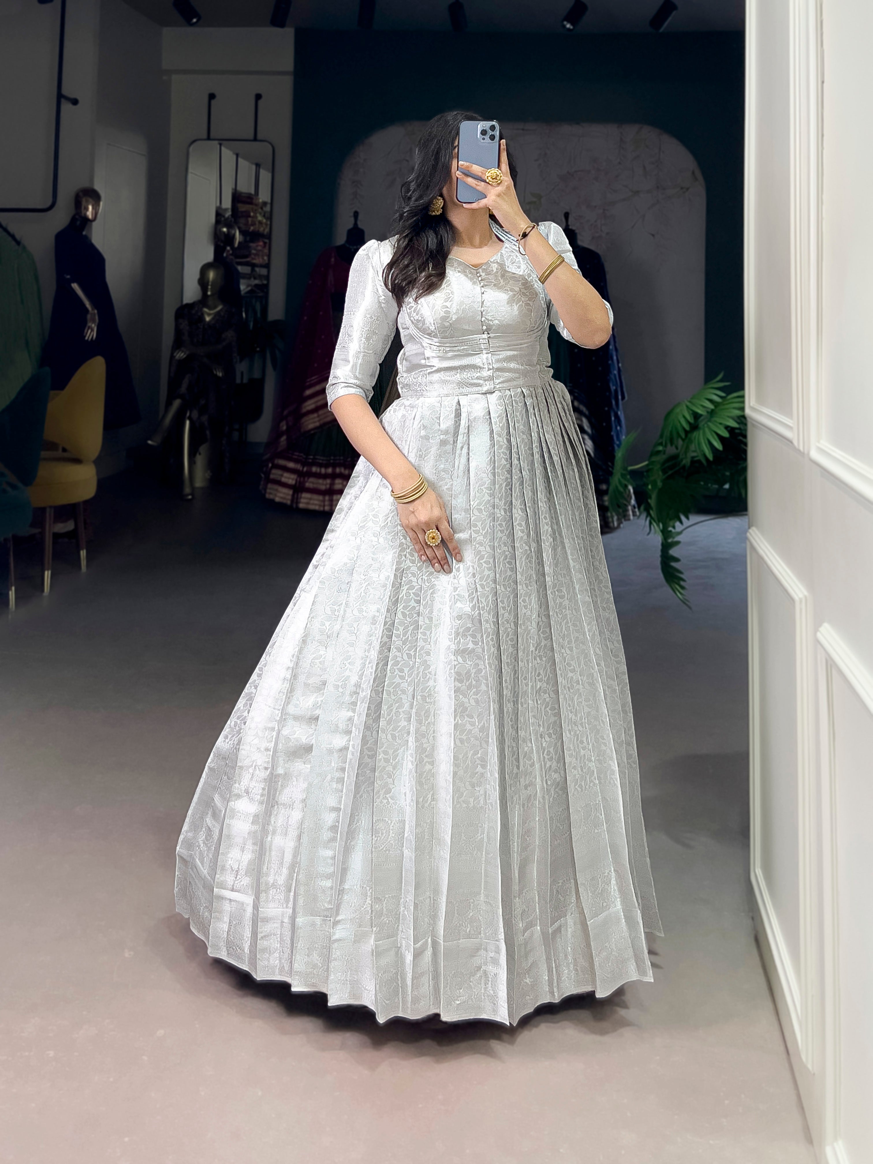 Grey traditional Kanjivaram gown with zari work and designer koti