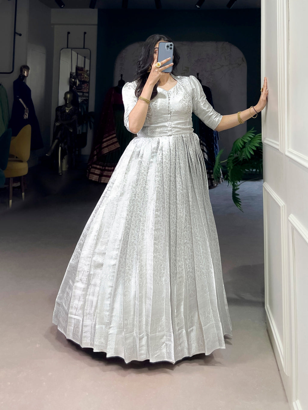 Grey traditional Kanjivaram gown with zari work and designer koti