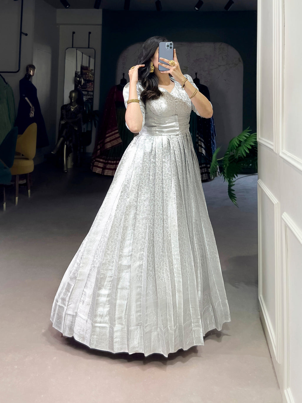 Grey traditional Kanjivaram gown with zari work and designer koti