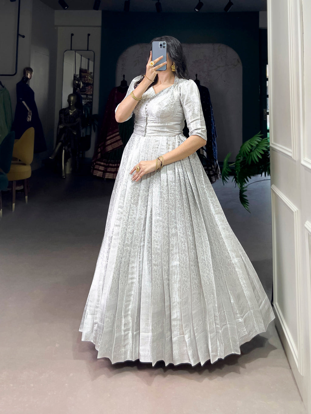 Grey traditional Kanjivaram gown with zari work and designer koti