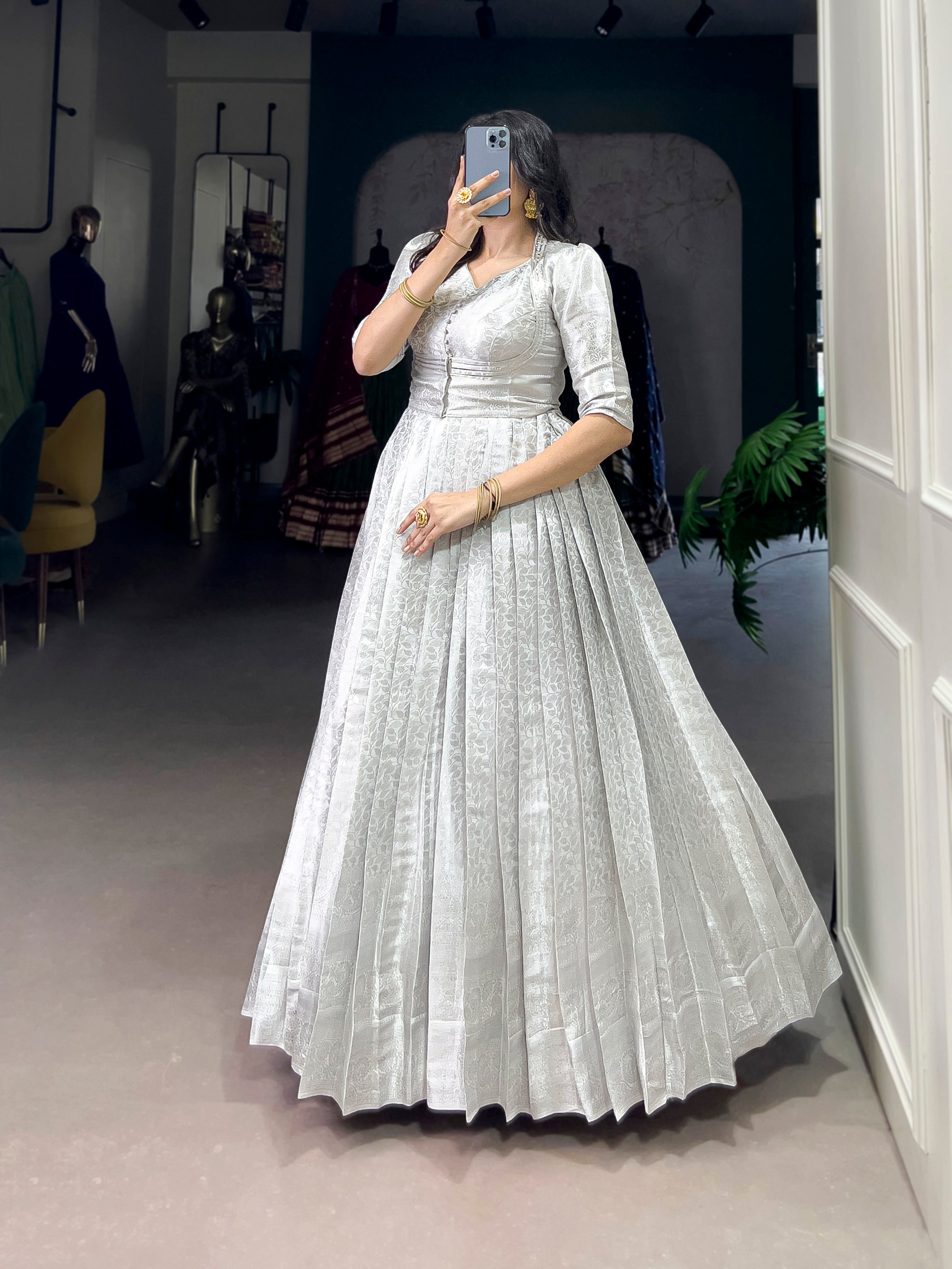 Grey traditional Kanjivaram gown with zari work and designer koti