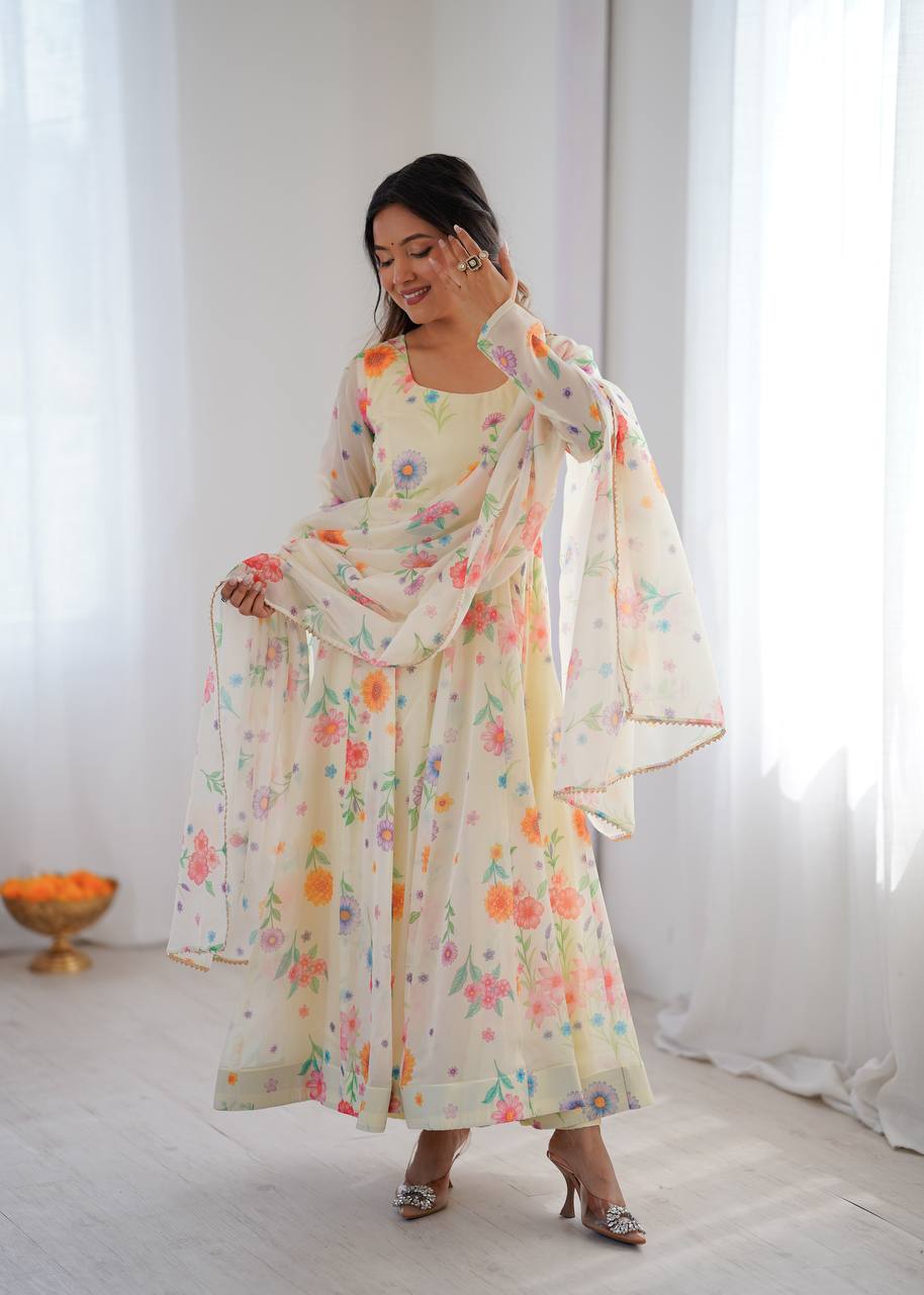 Ivory Glow Organza Anarkali Set