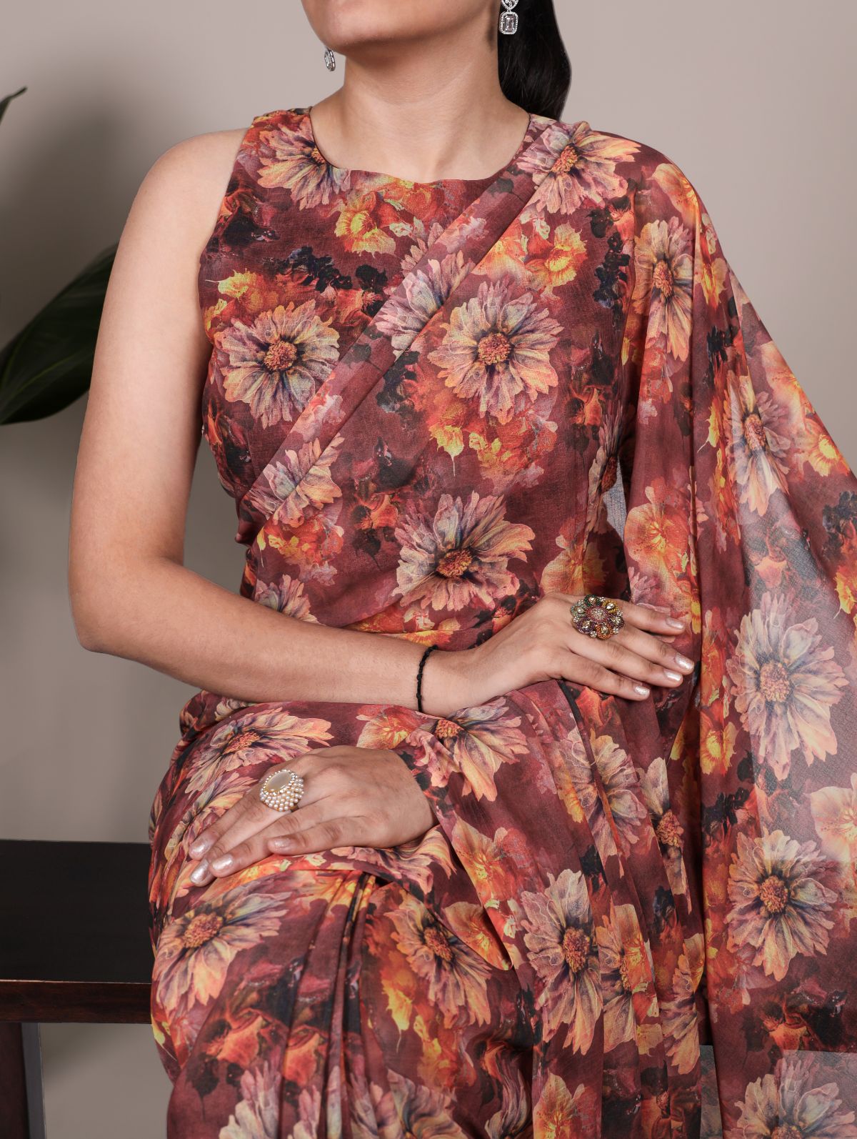 Rust orange weightless marble floral print saree with unstitched blouse