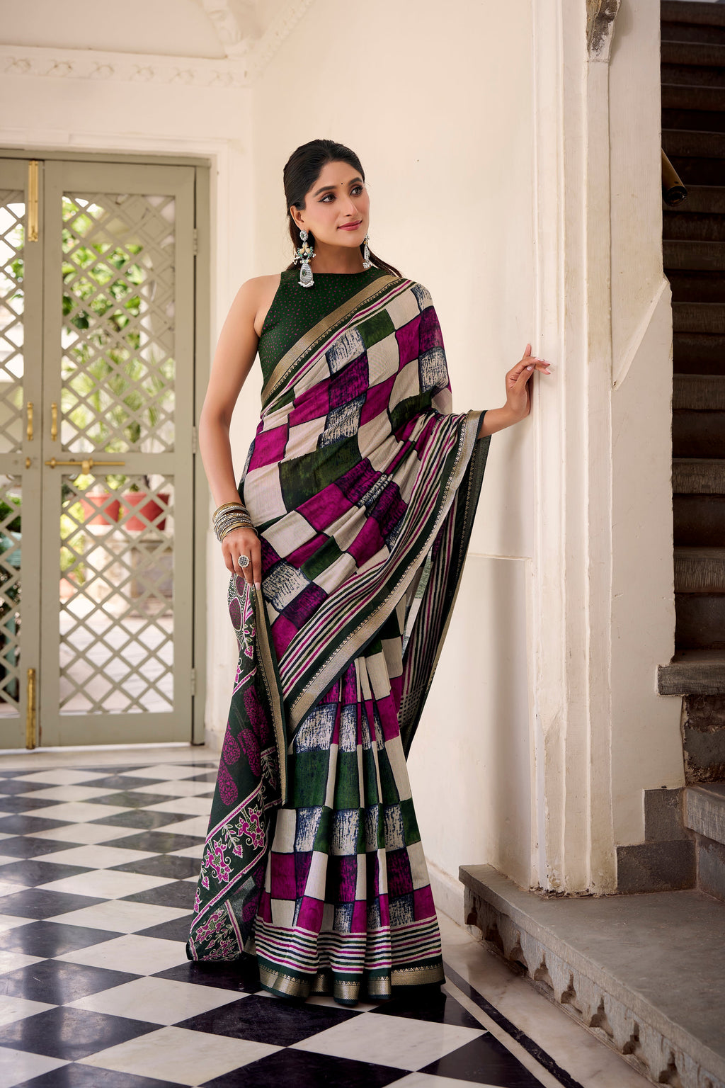 Green polyester viscose chanderi printed saree with unstitched blouse