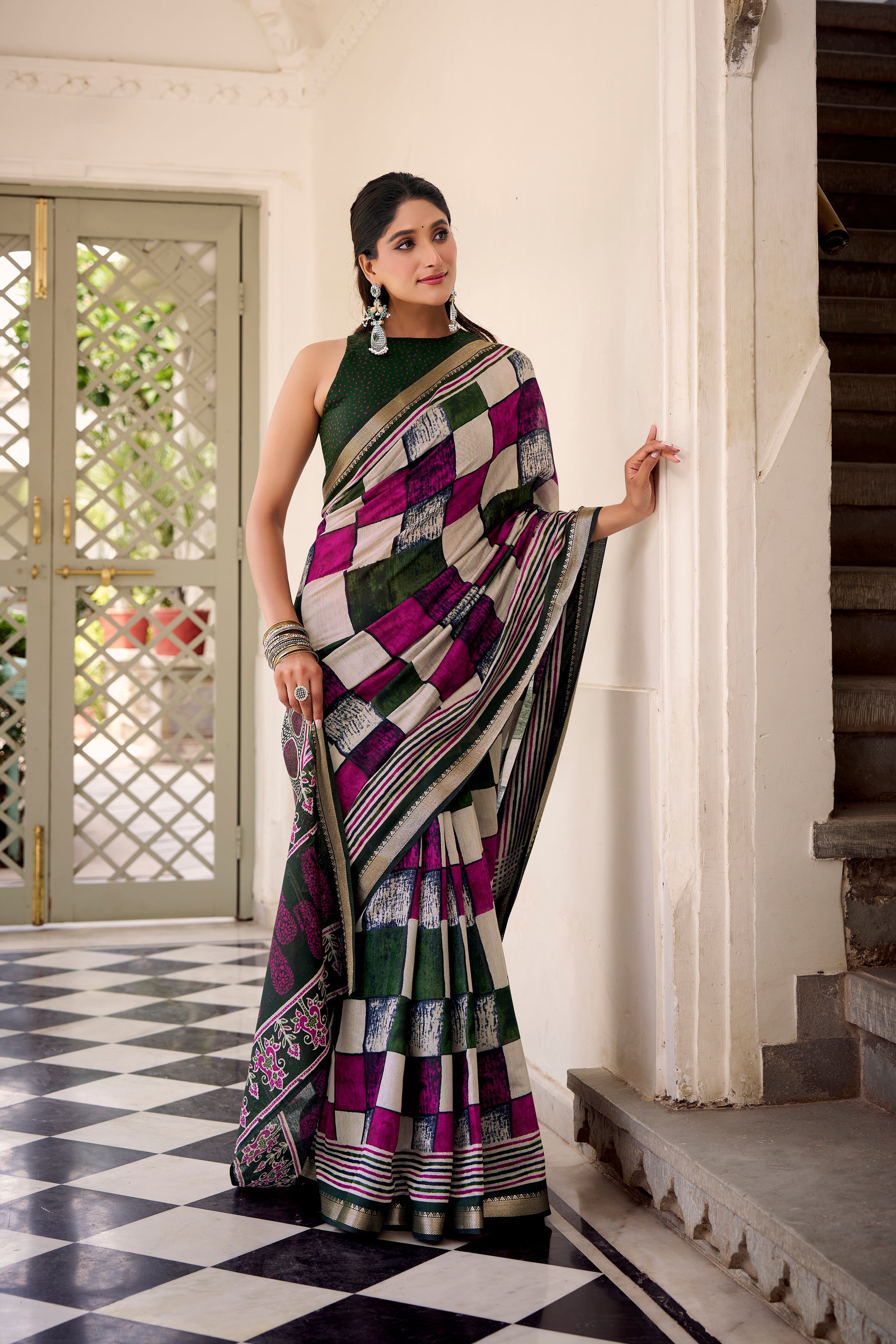 Green polyester viscose chanderi printed saree with unstitched blouse
