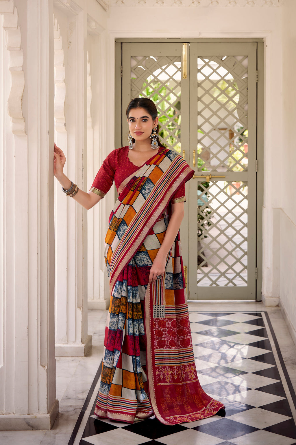 Maroon polyester viscose chanderi printed saree with unstitched blouse
