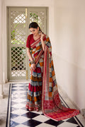 Maroon polyester viscose chanderi printed saree with unstitched blouse