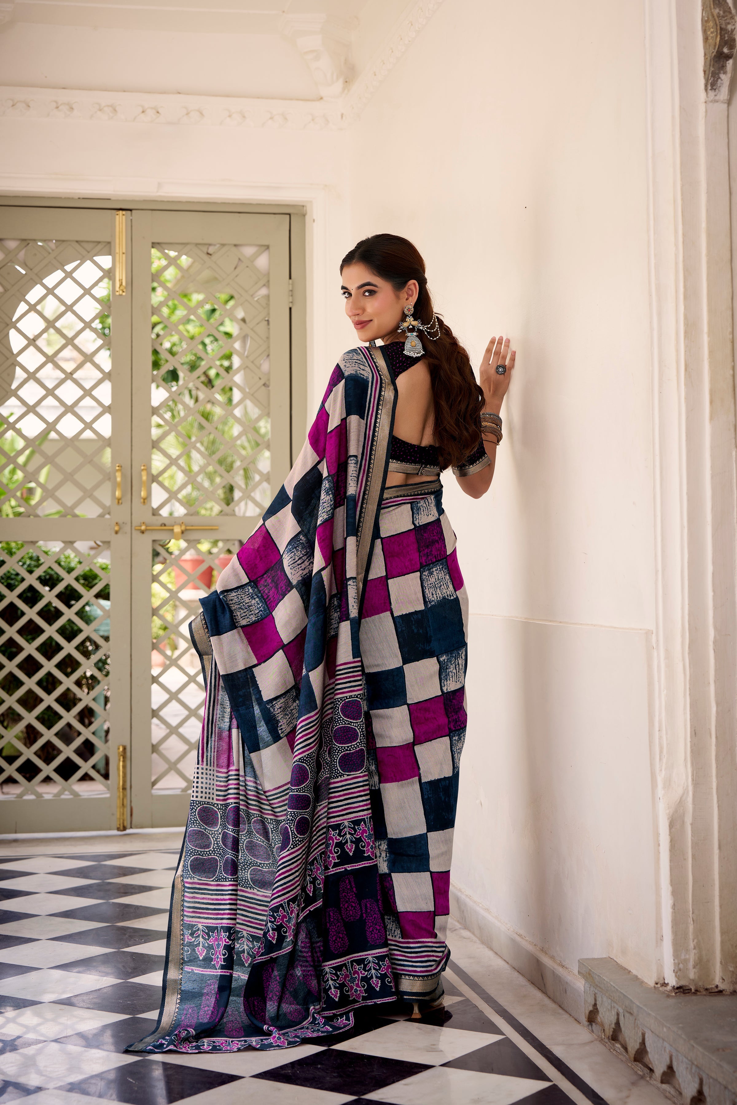 Navy blue polyester viscose chanderi printed saree with unstitched blouse