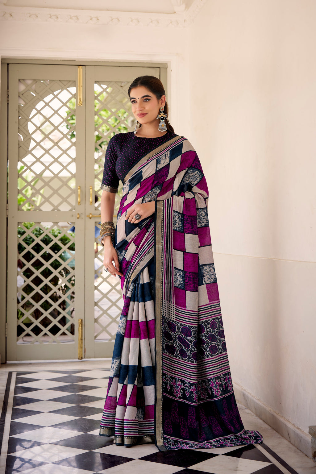 Navy blue polyester viscose chanderi printed saree with unstitched blouse