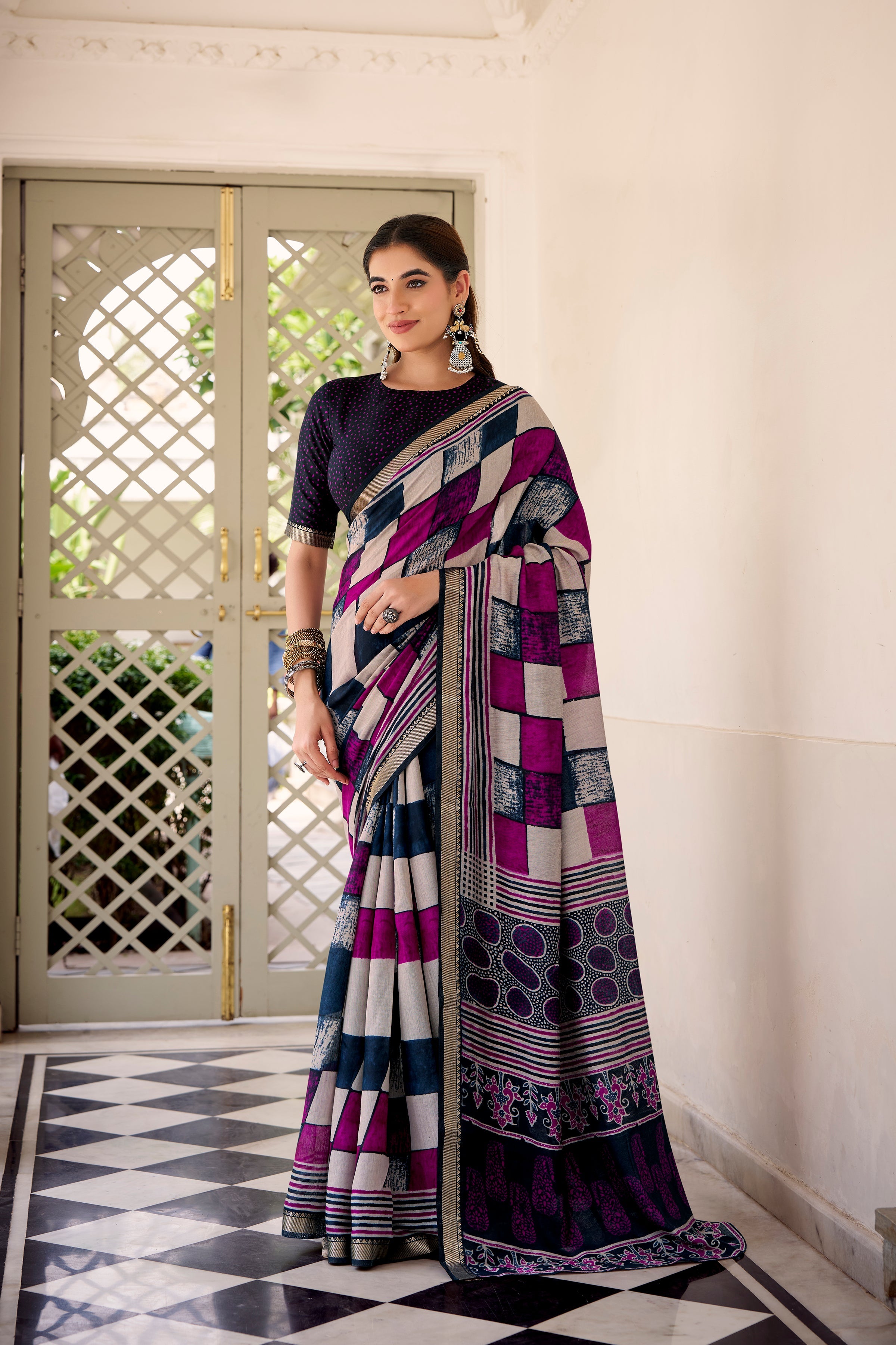 Navy blue polyester viscose chanderi printed saree with unstitched blouse