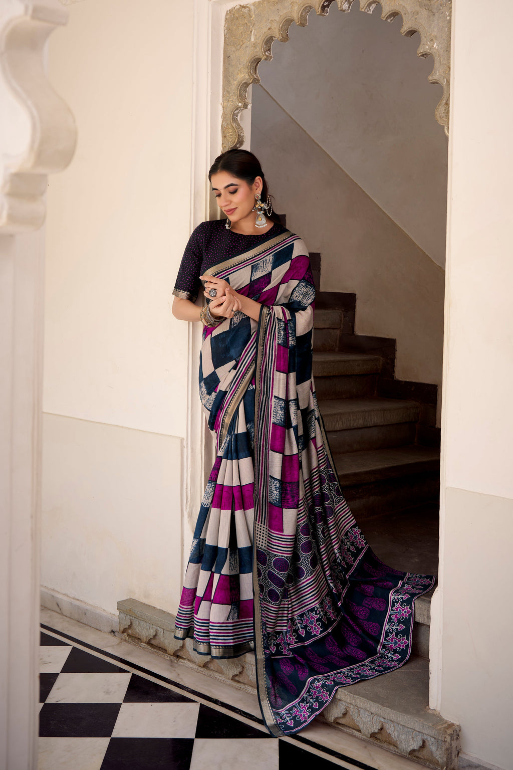 Navy blue polyester viscose chanderi printed saree with unstitched blouse