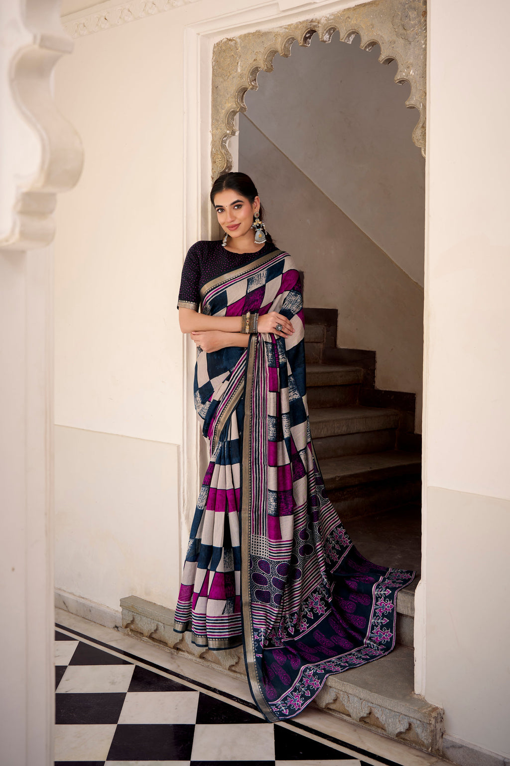 Navy blue polyester viscose chanderi printed saree with unstitched blouse