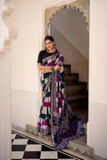 Navy blue polyester viscose chanderi printed saree with unstitched blouse