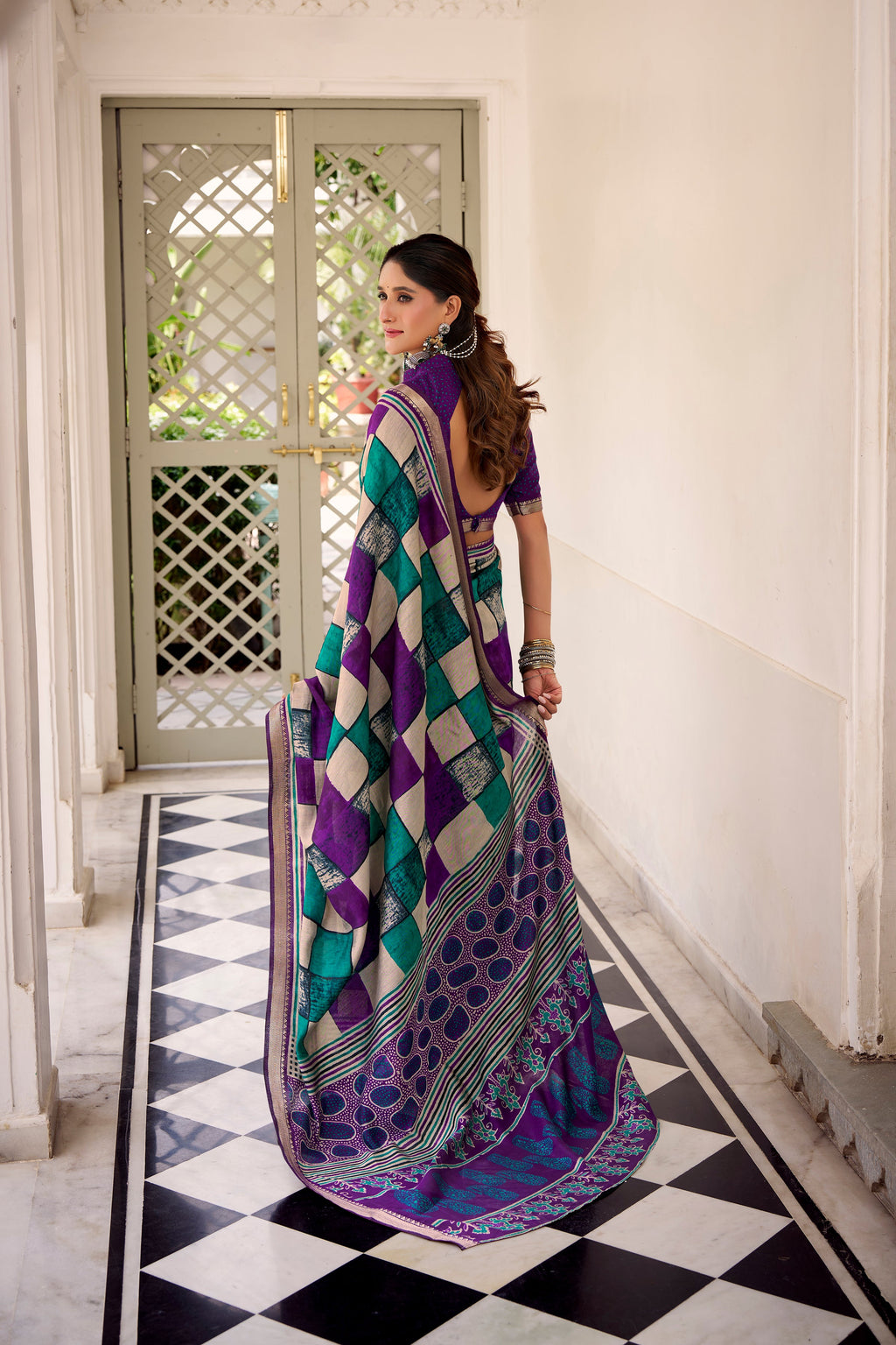 Purple polyester viscose chanderi printed saree with unstitched blouse