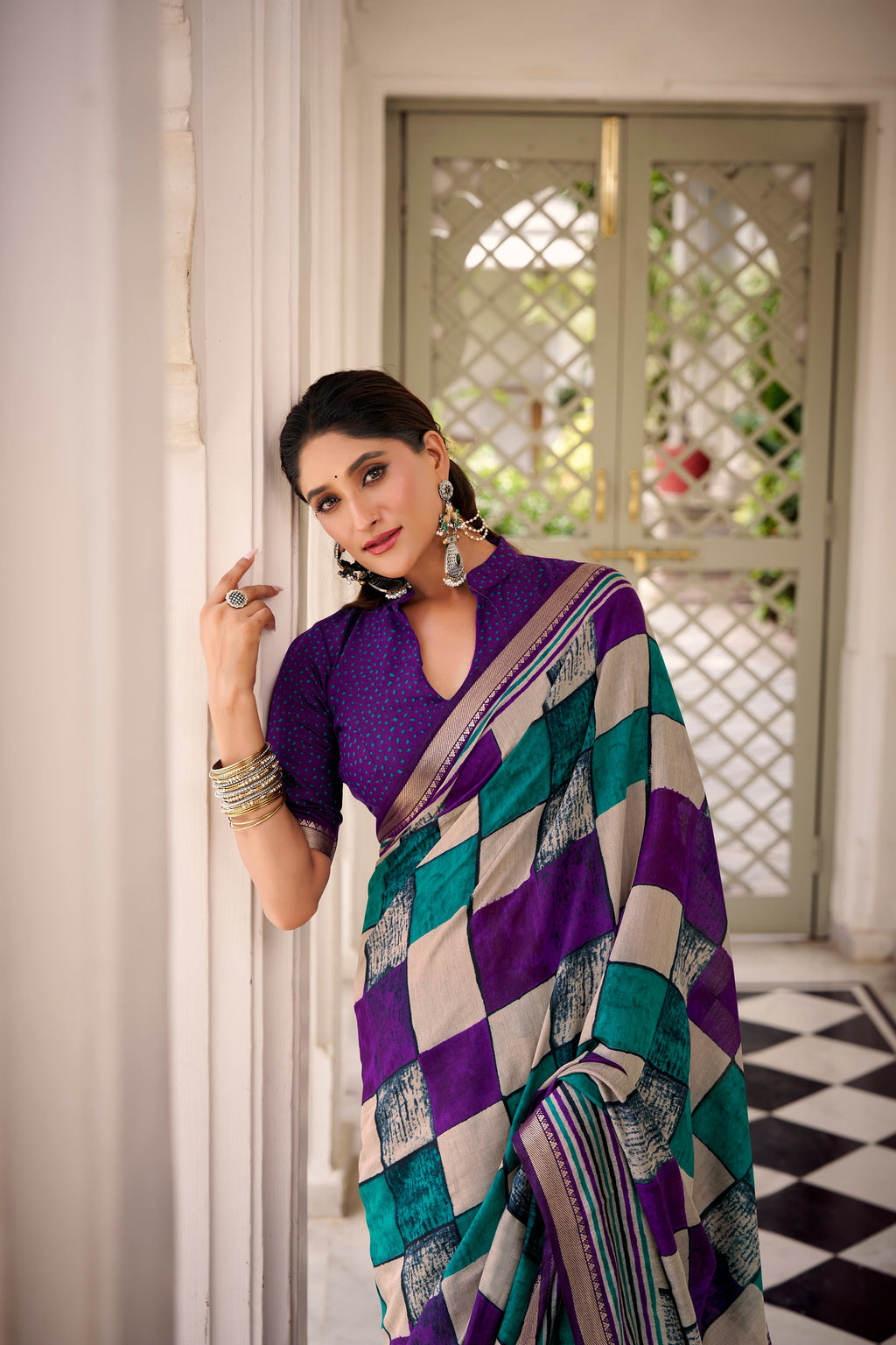 Purple polyester viscose chanderi printed saree with unstitched blouse