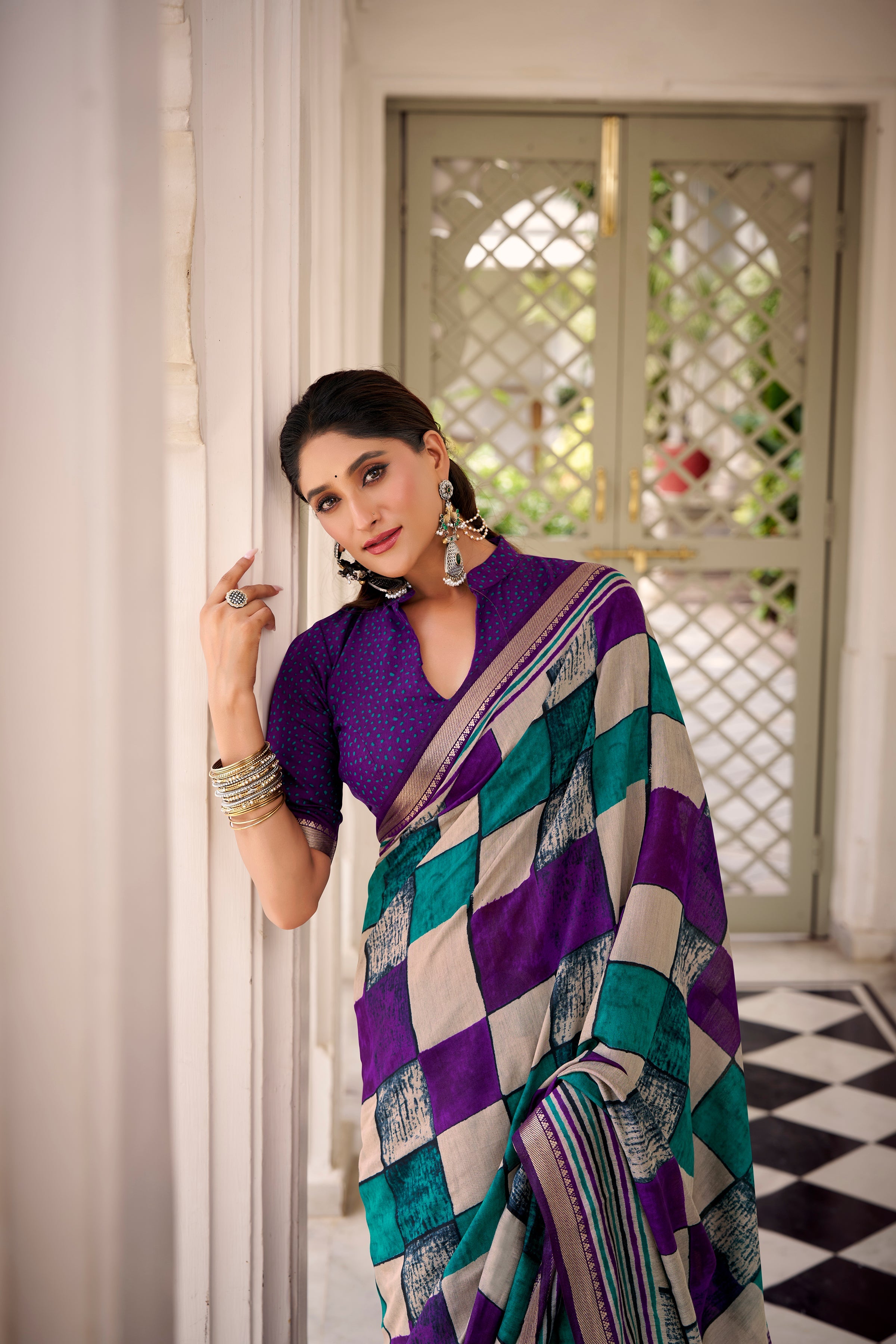 Purple polyester viscose chanderi printed saree with unstitched blouse