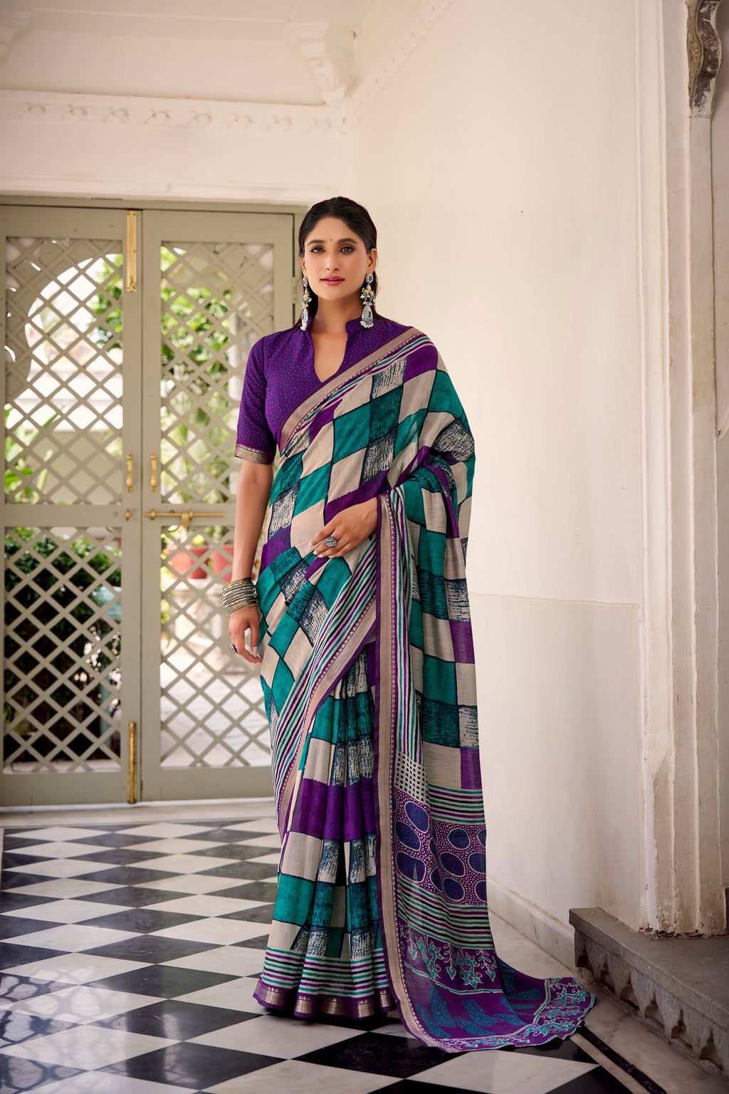 Purple polyester viscose chanderi printed saree with unstitched blouse