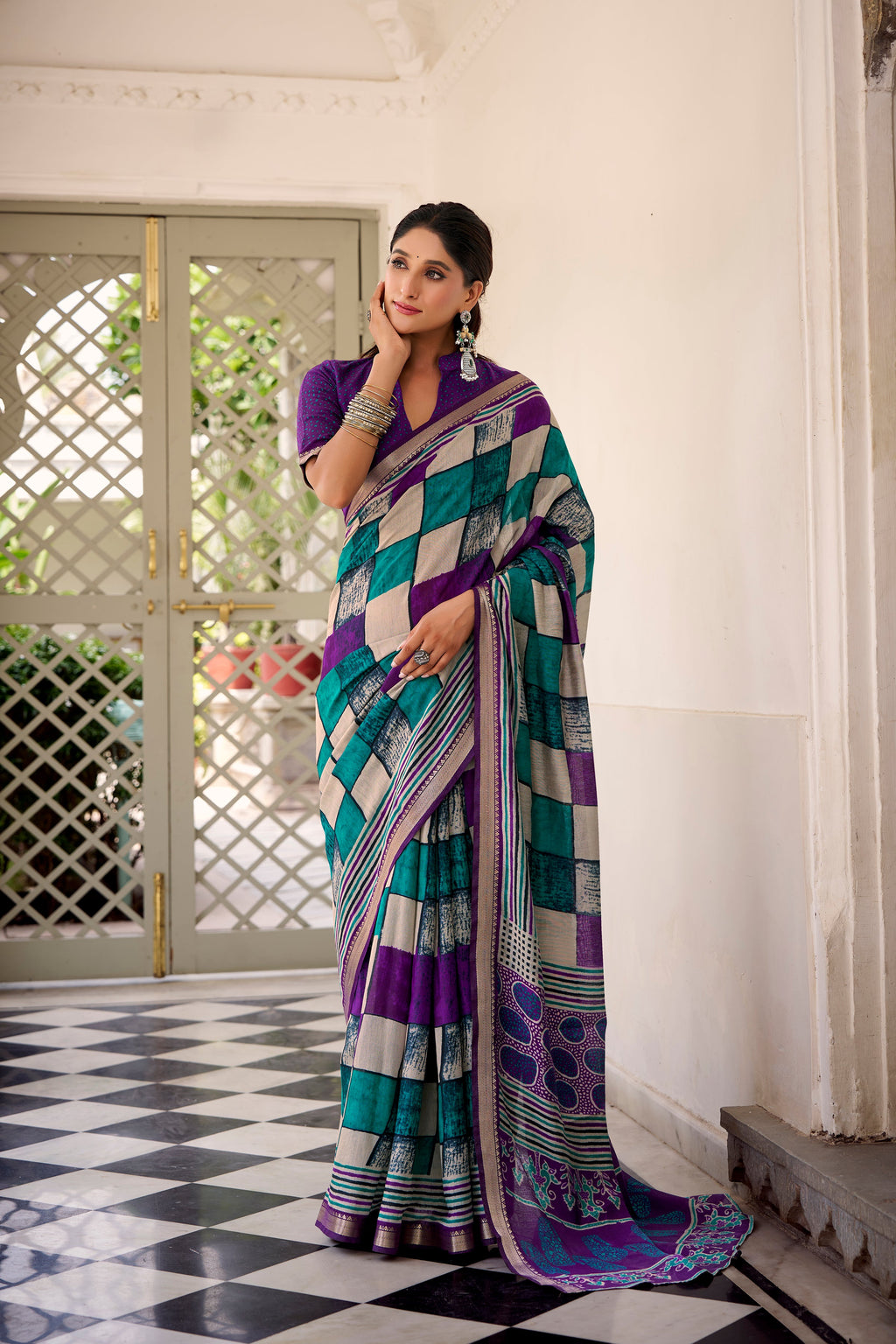 Purple polyester viscose chanderi printed saree with unstitched blouse