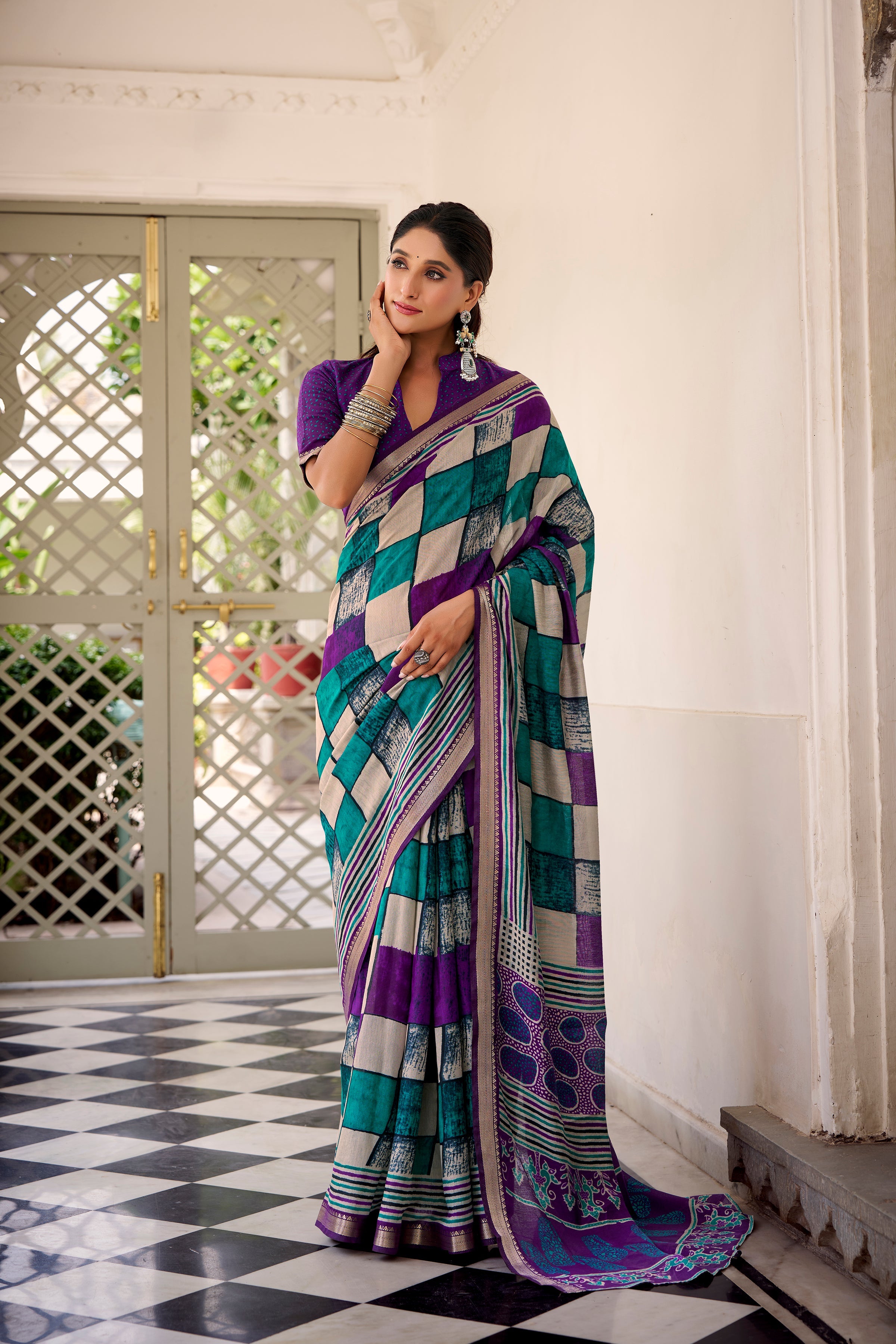 Purple polyester viscose chanderi printed saree with unstitched blouse