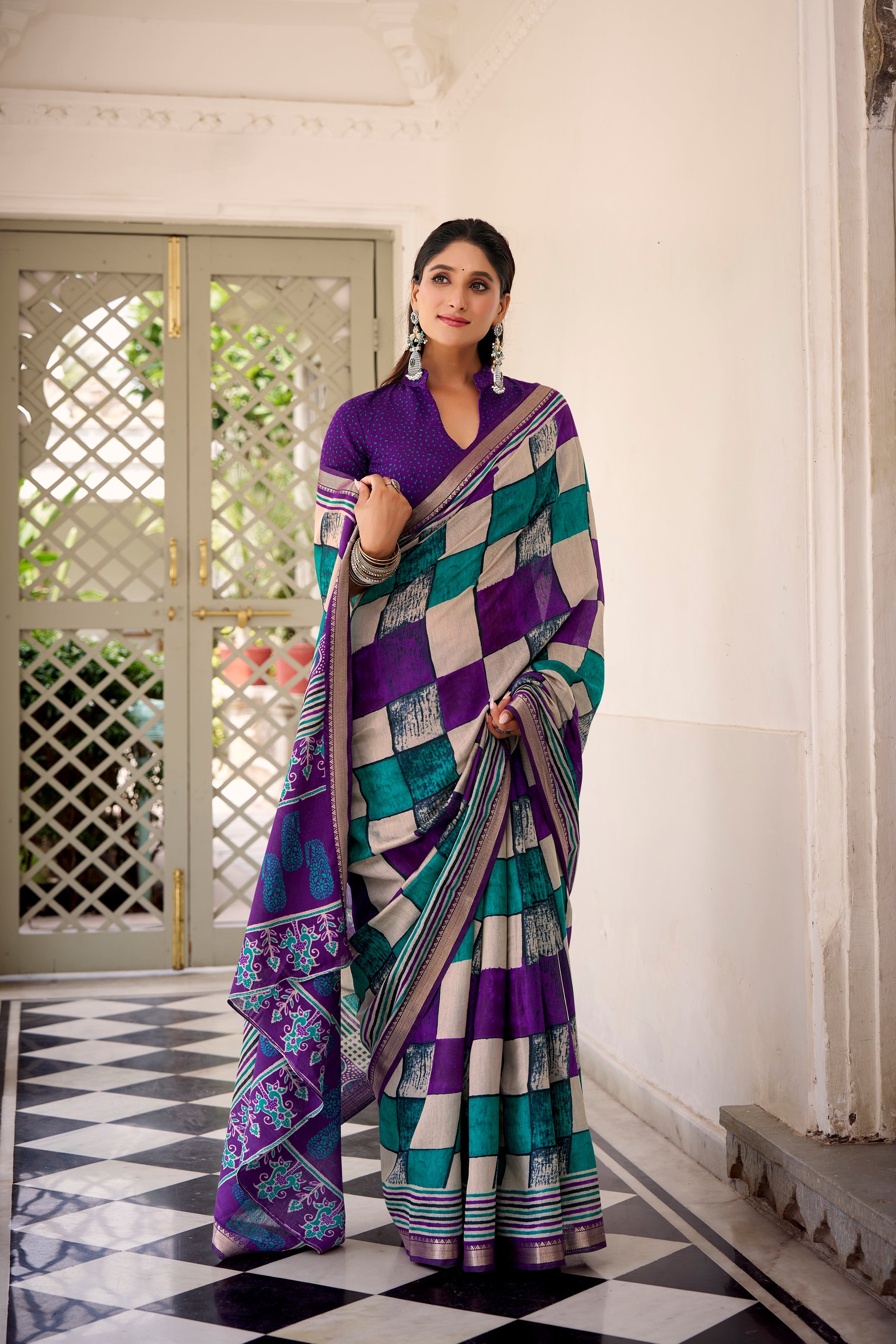 Purple polyester viscose chanderi printed saree with unstitched blouse