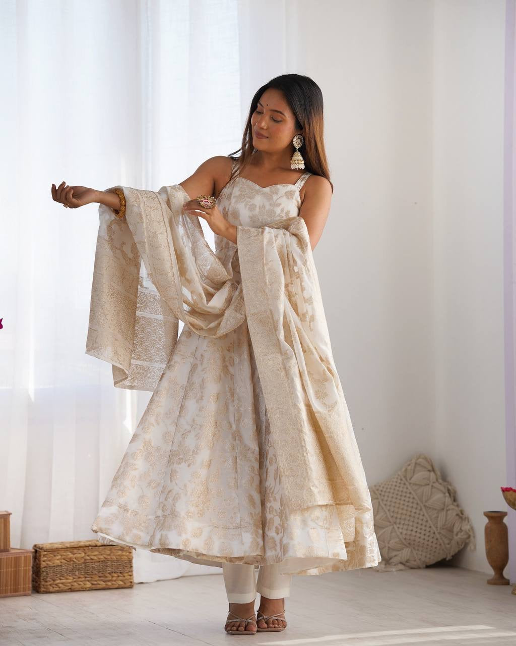 Ivory Bloom Banarasi Anarkali Set