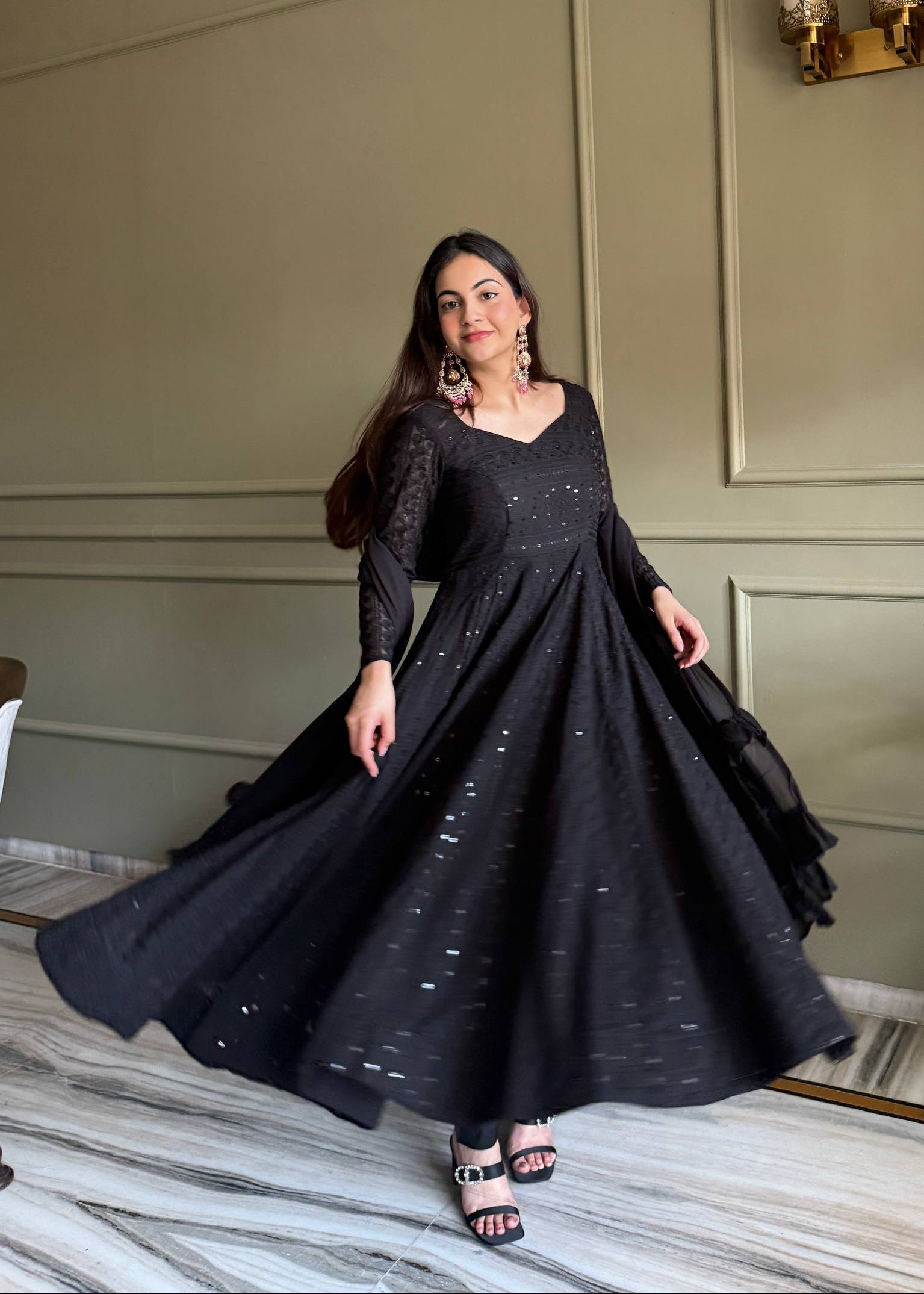 Black Flow Flared Anarkali Set