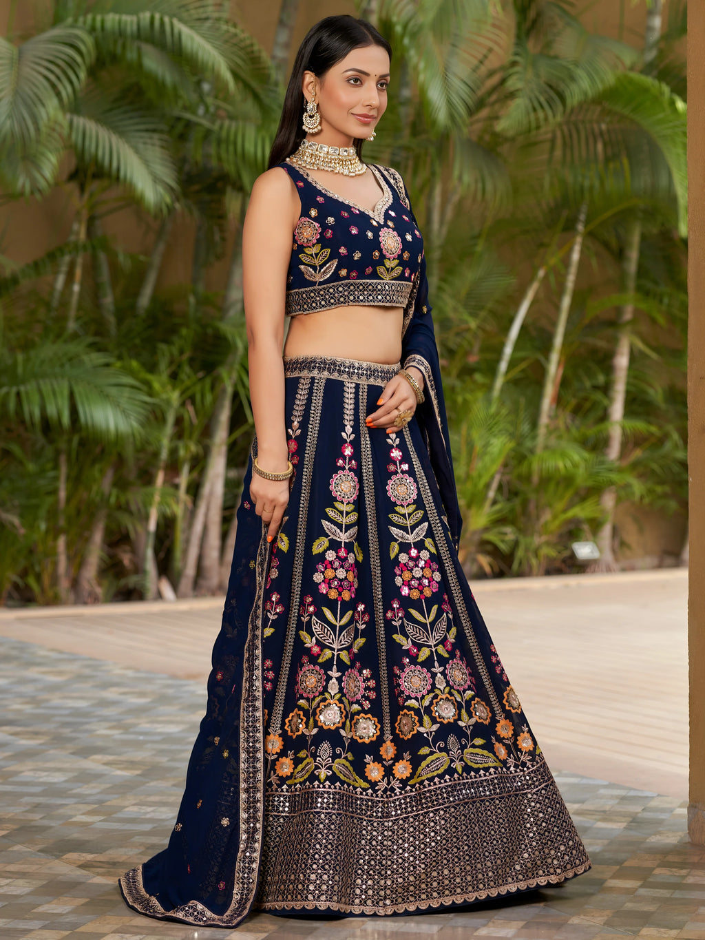 Navya deep navy blue floral embroidered lehenga choli with dupatta