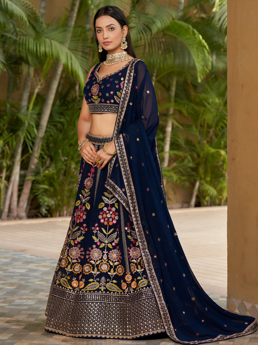 Navya deep navy blue floral embroidered lehenga choli with dupatta