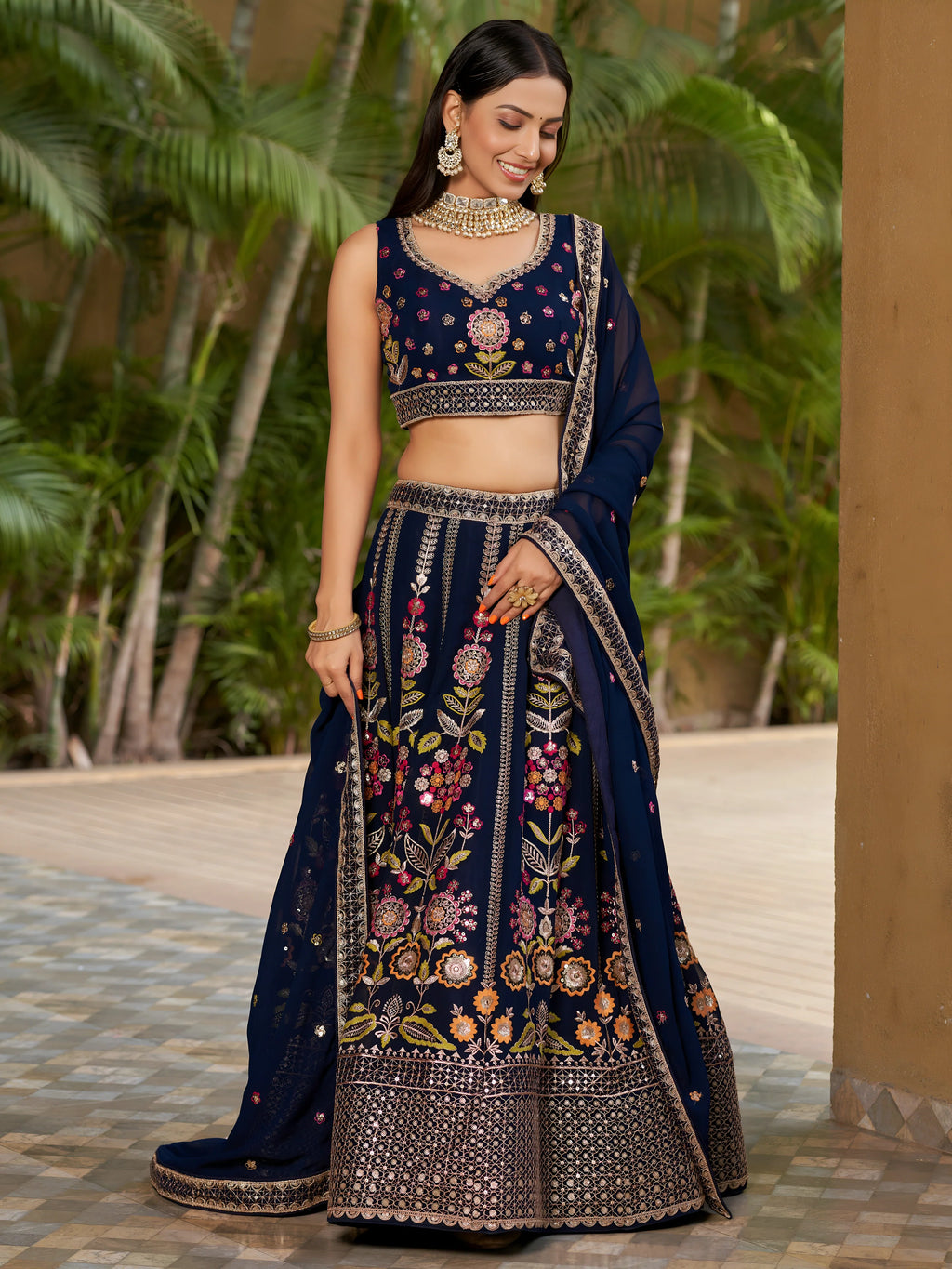 Navya deep navy blue floral embroidered lehenga choli with dupatta