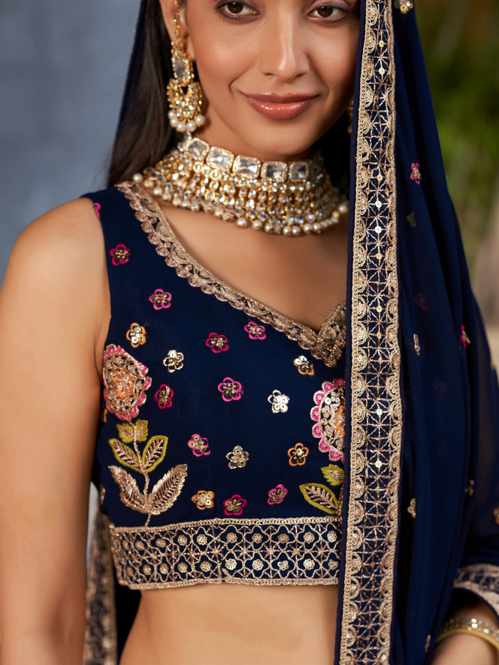 Navya deep navy blue floral embroidered lehenga choli with dupatta