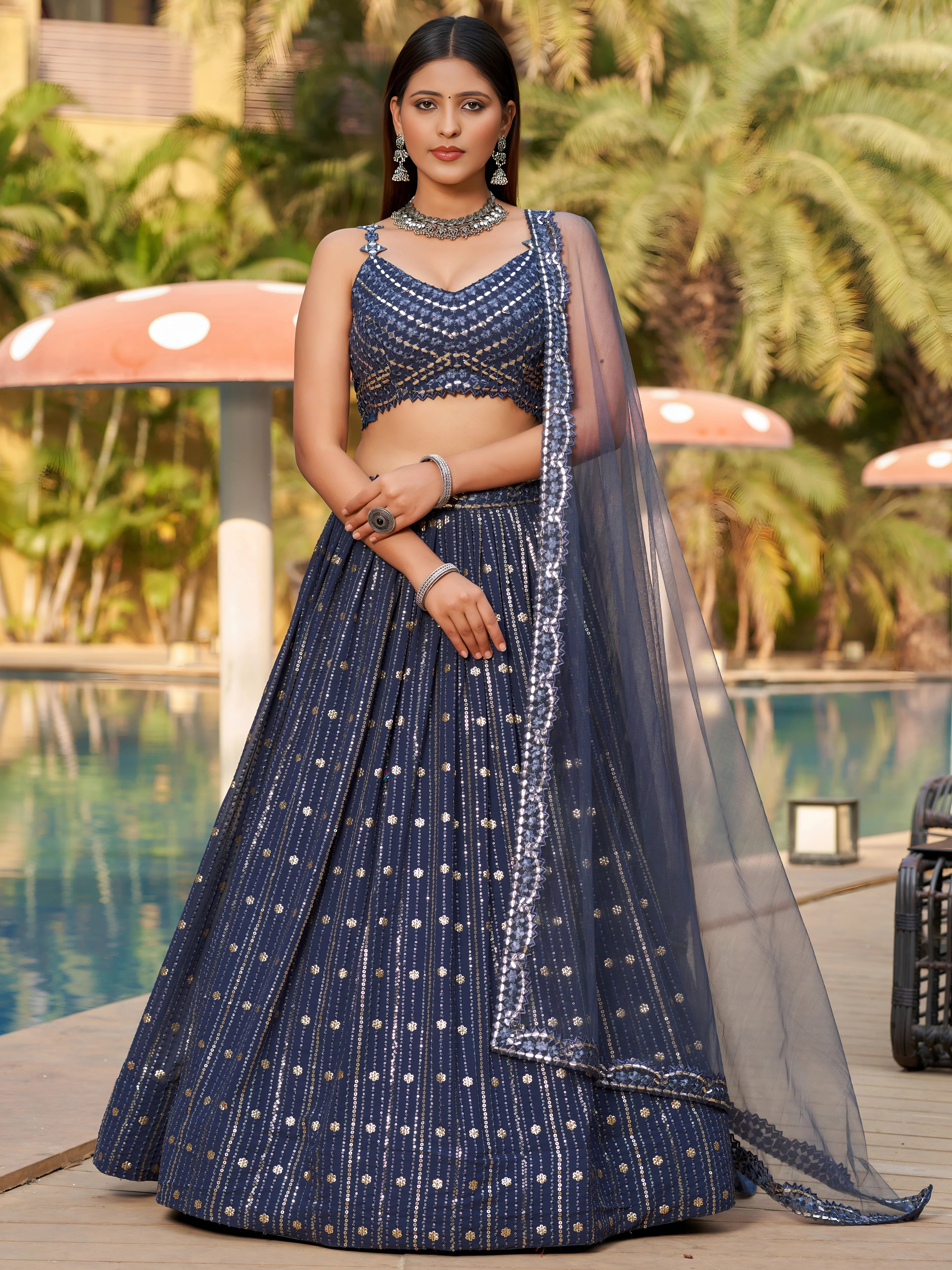Navya midnight grey mirror work embroidered lehenga choli with dupatta