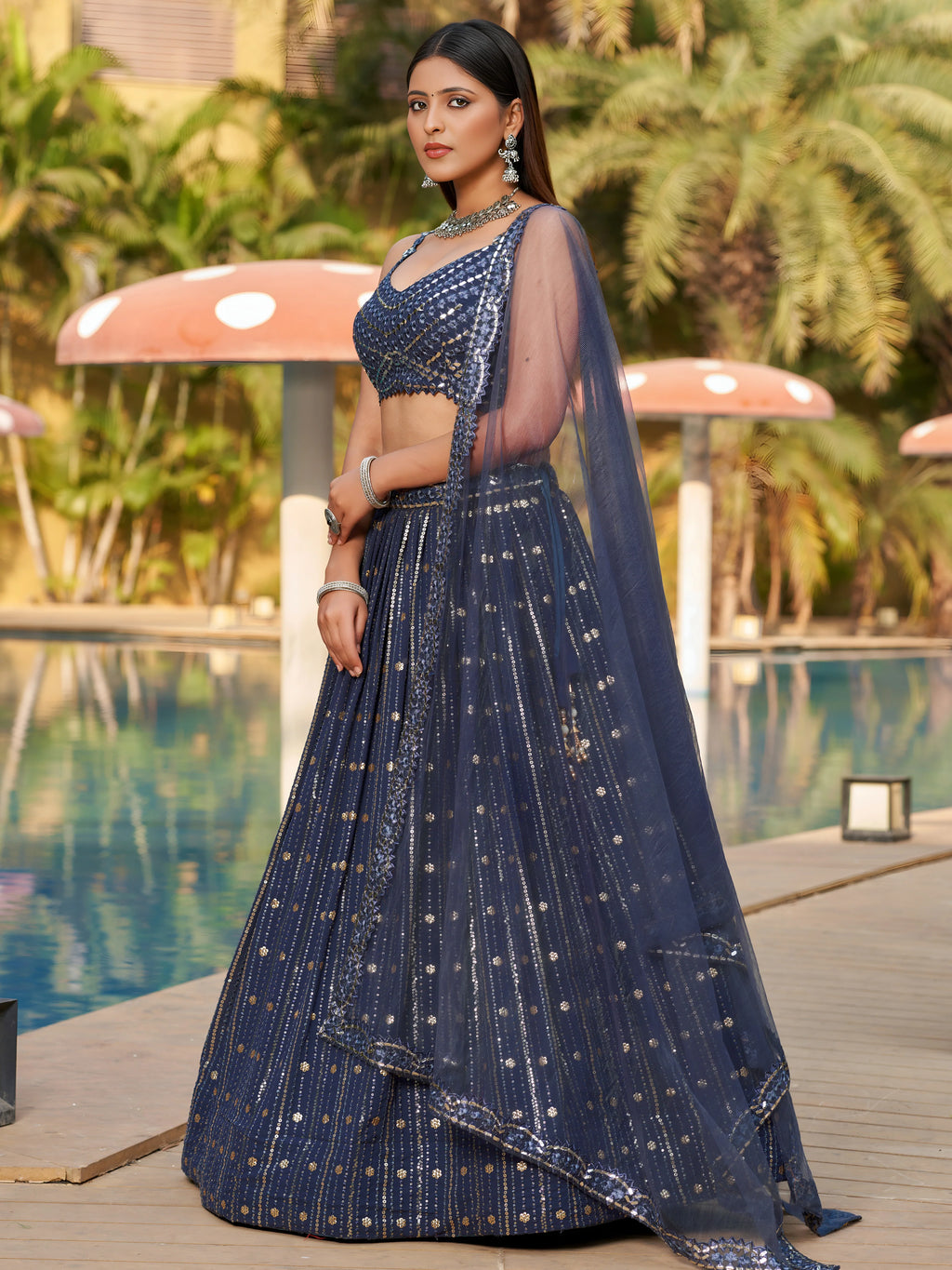 Navya midnight grey mirror work embroidered lehenga choli with dupatta