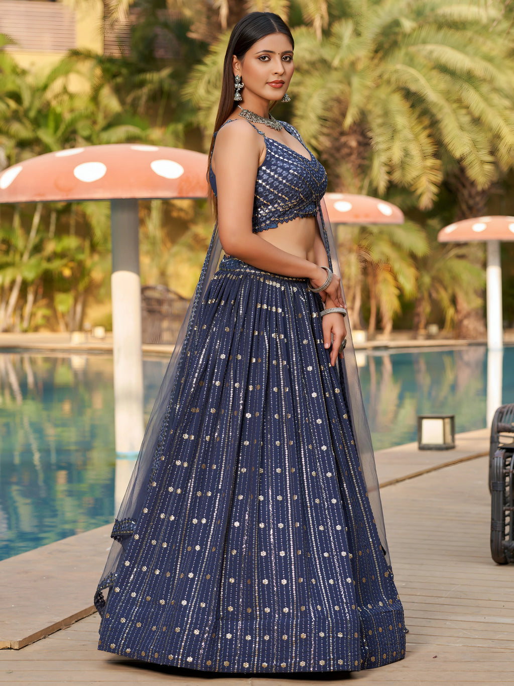 Navya midnight grey mirror work embroidered lehenga choli with dupatta