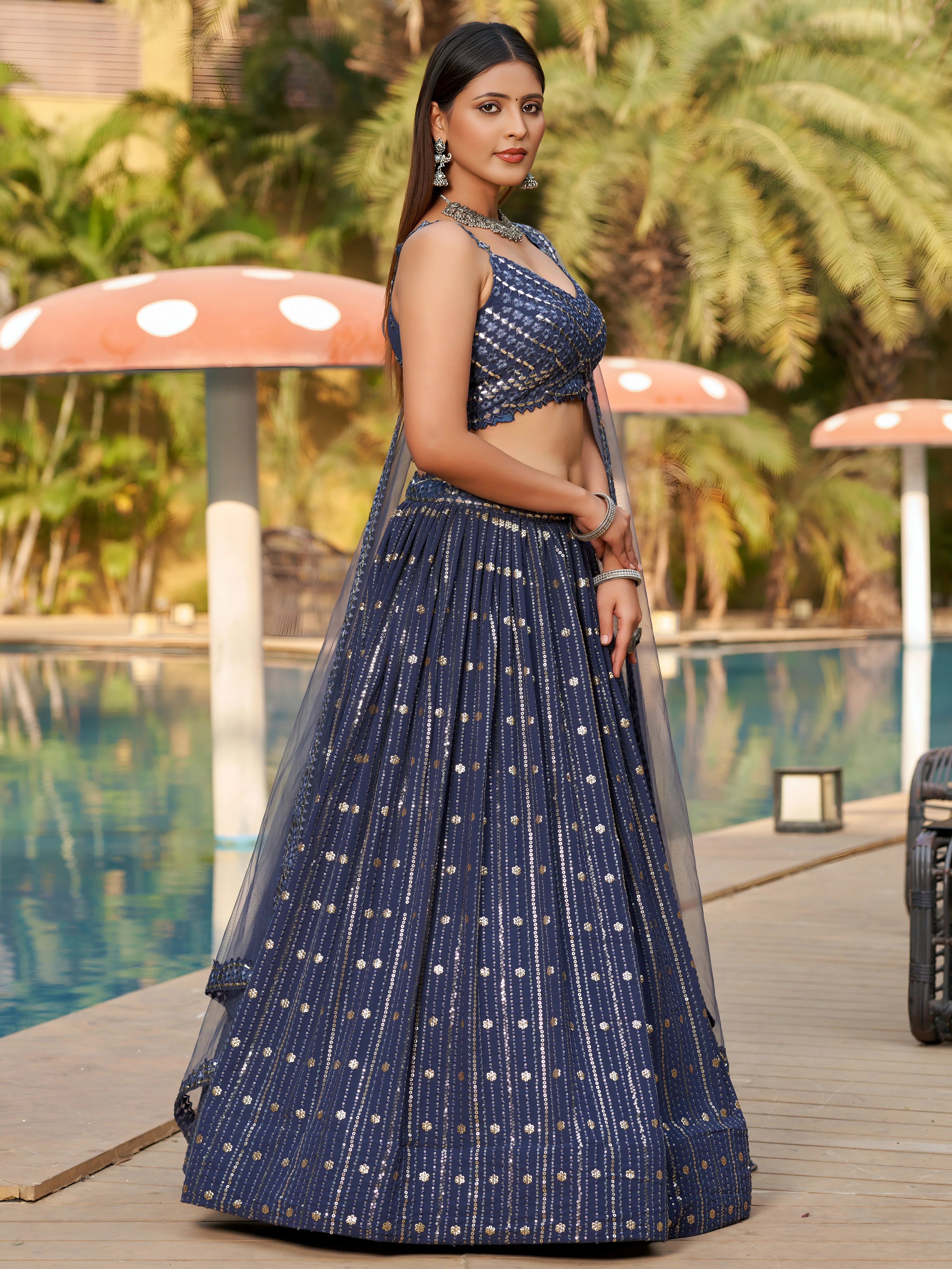 Navya midnight grey mirror work embroidered lehenga choli with dupatta