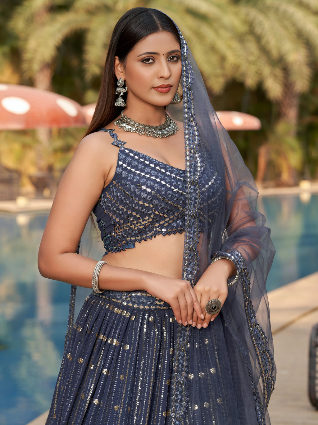 Navya midnight grey mirror work embroidered lehenga choli with dupatta