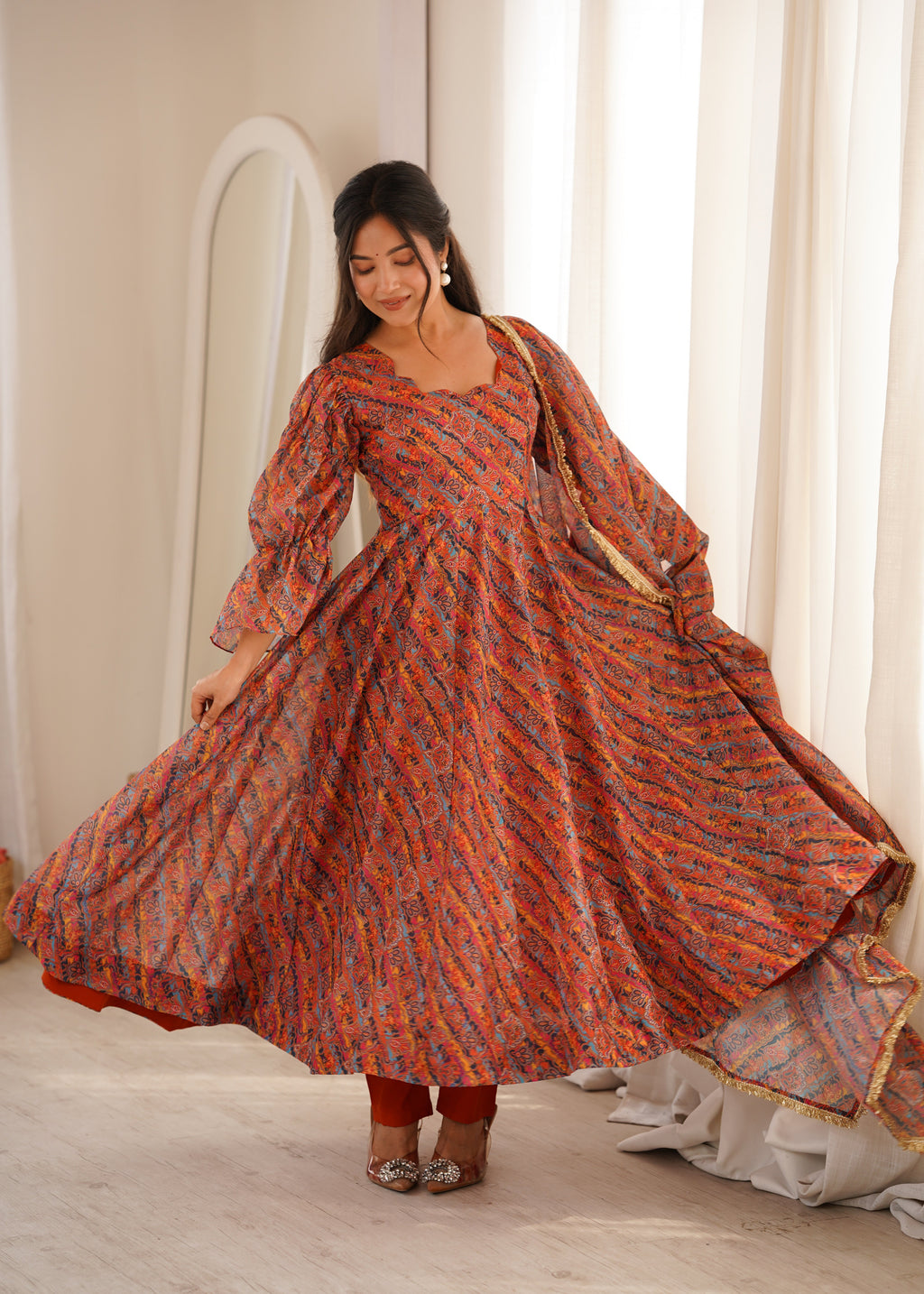 Sunset Printed Puff Sleeves Anarkali