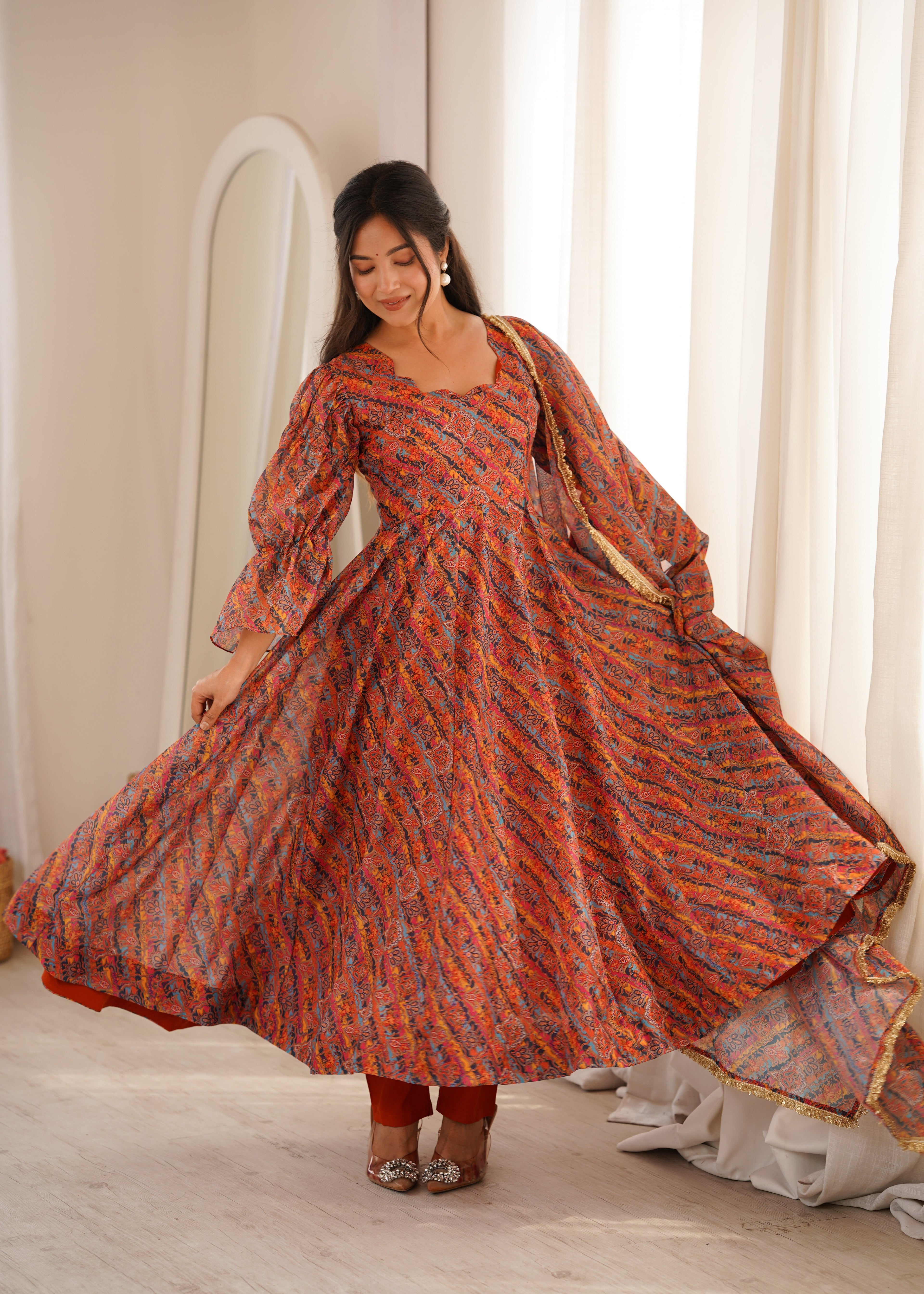 Sunset Printed Puff Sleeves Anarkali