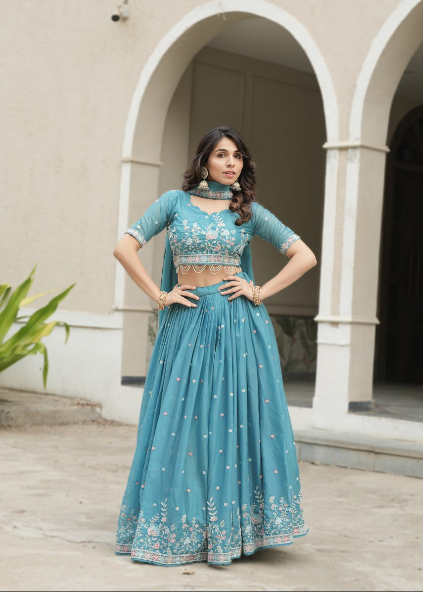 Turquoise Bloom Embroidered Lehenga Set