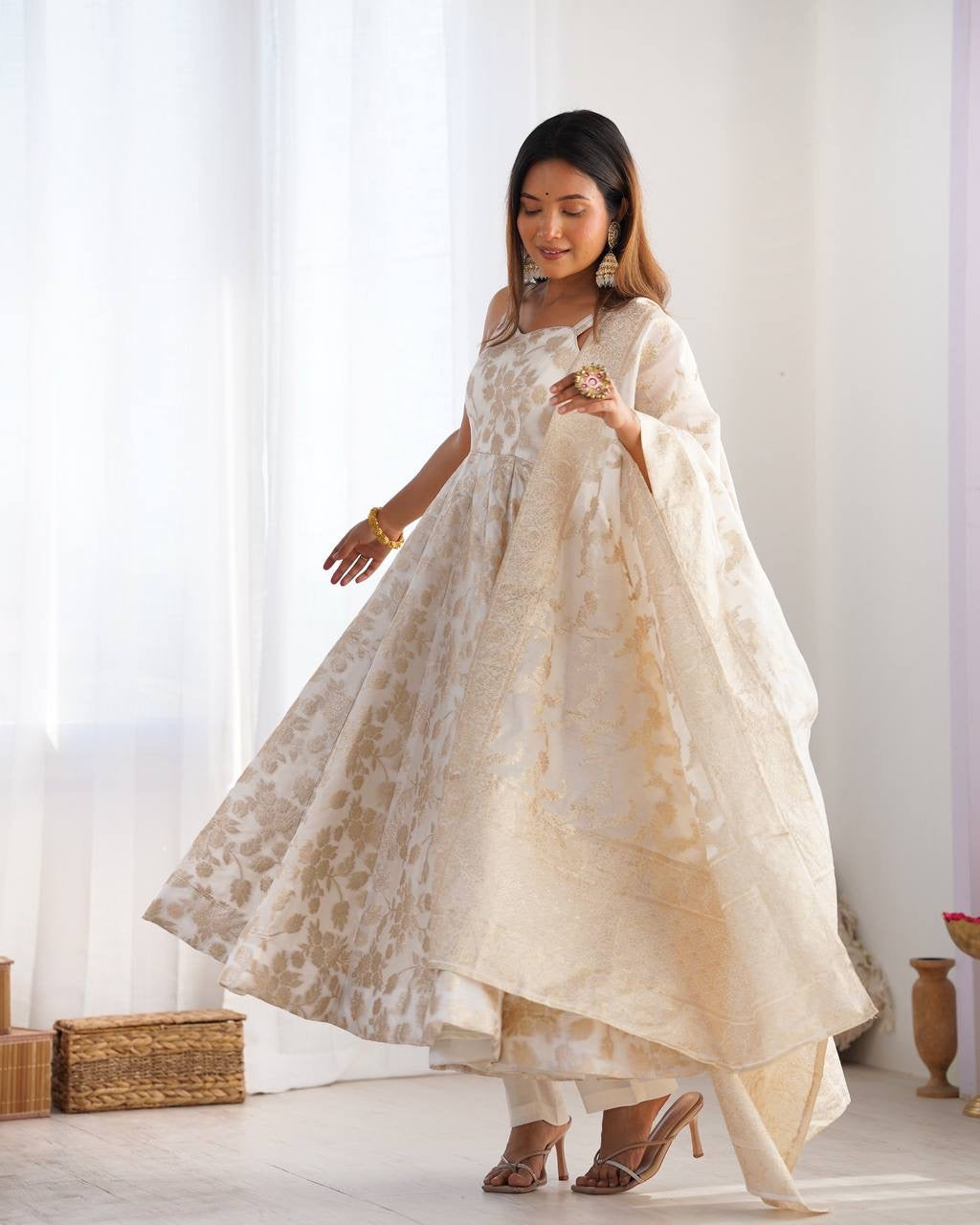 Ivory Bloom Banarasi Anarkali Set