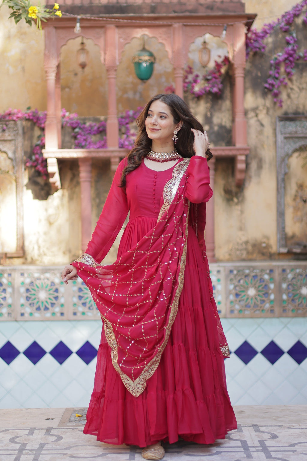 Aarushi Pink Georgette Embroidered Flared Anarkali Gown Set