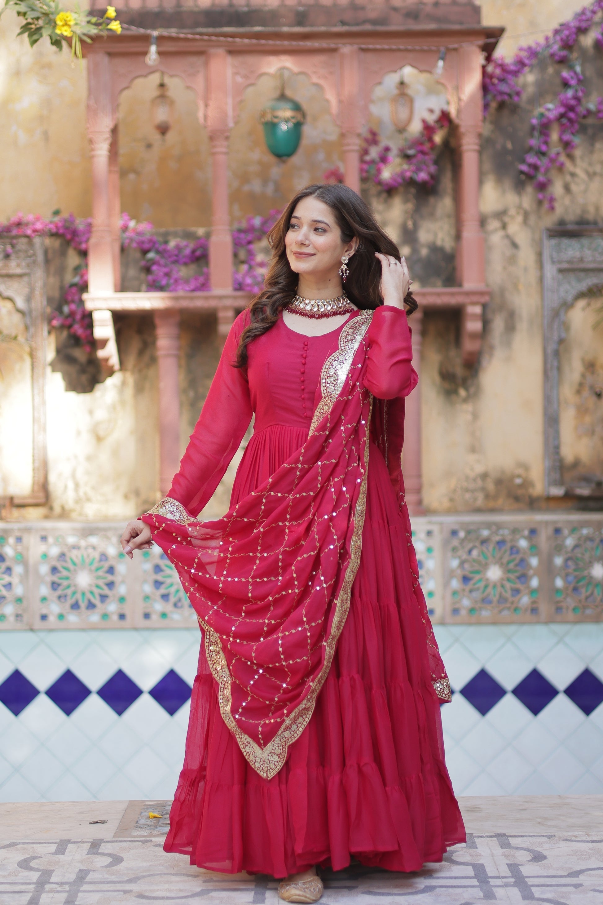 Aarushi Pink Georgette Embroidered Flared Anarkali Gown Set