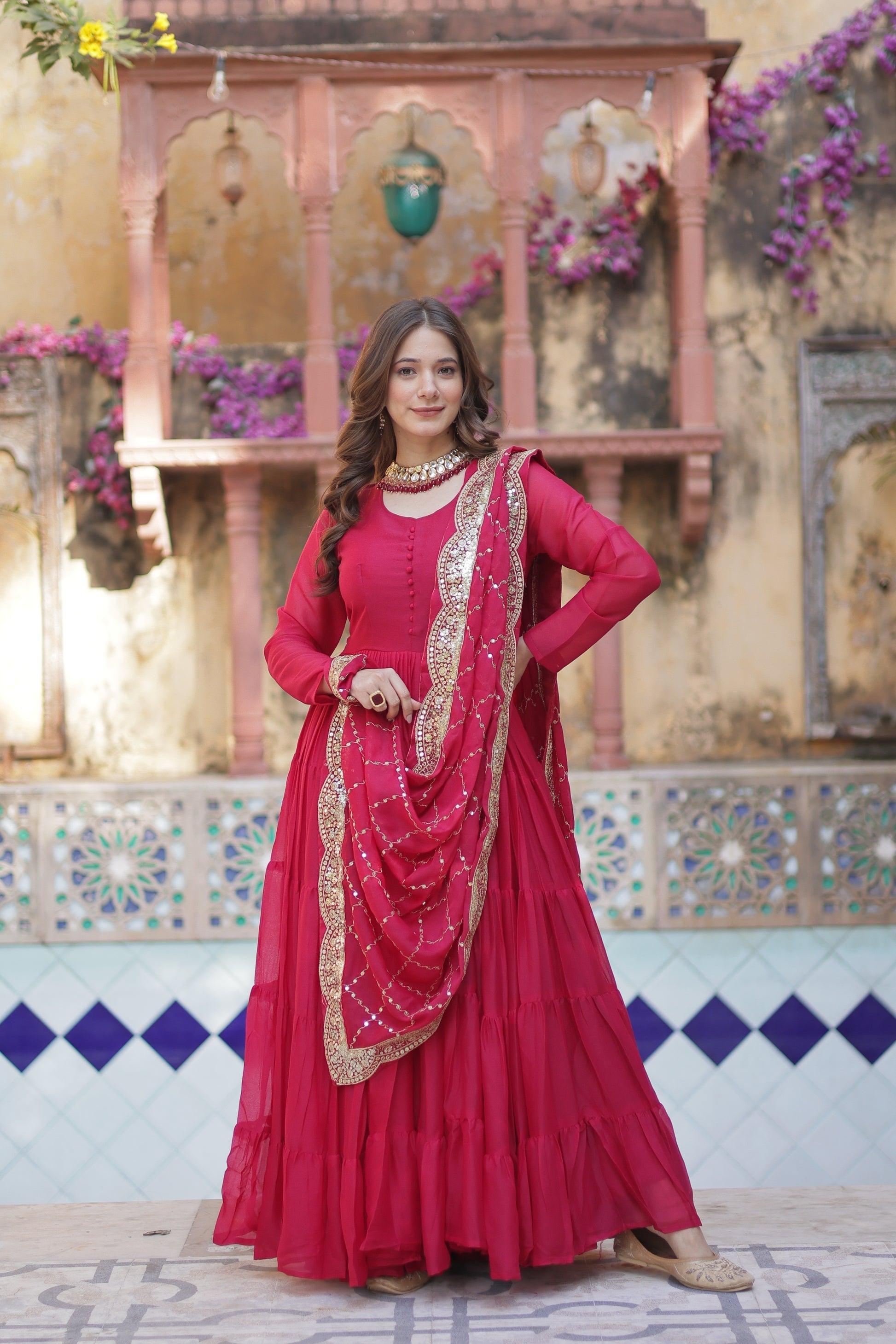 Aarushi Pink Georgette Embroidered Flared Anarkali Gown Set