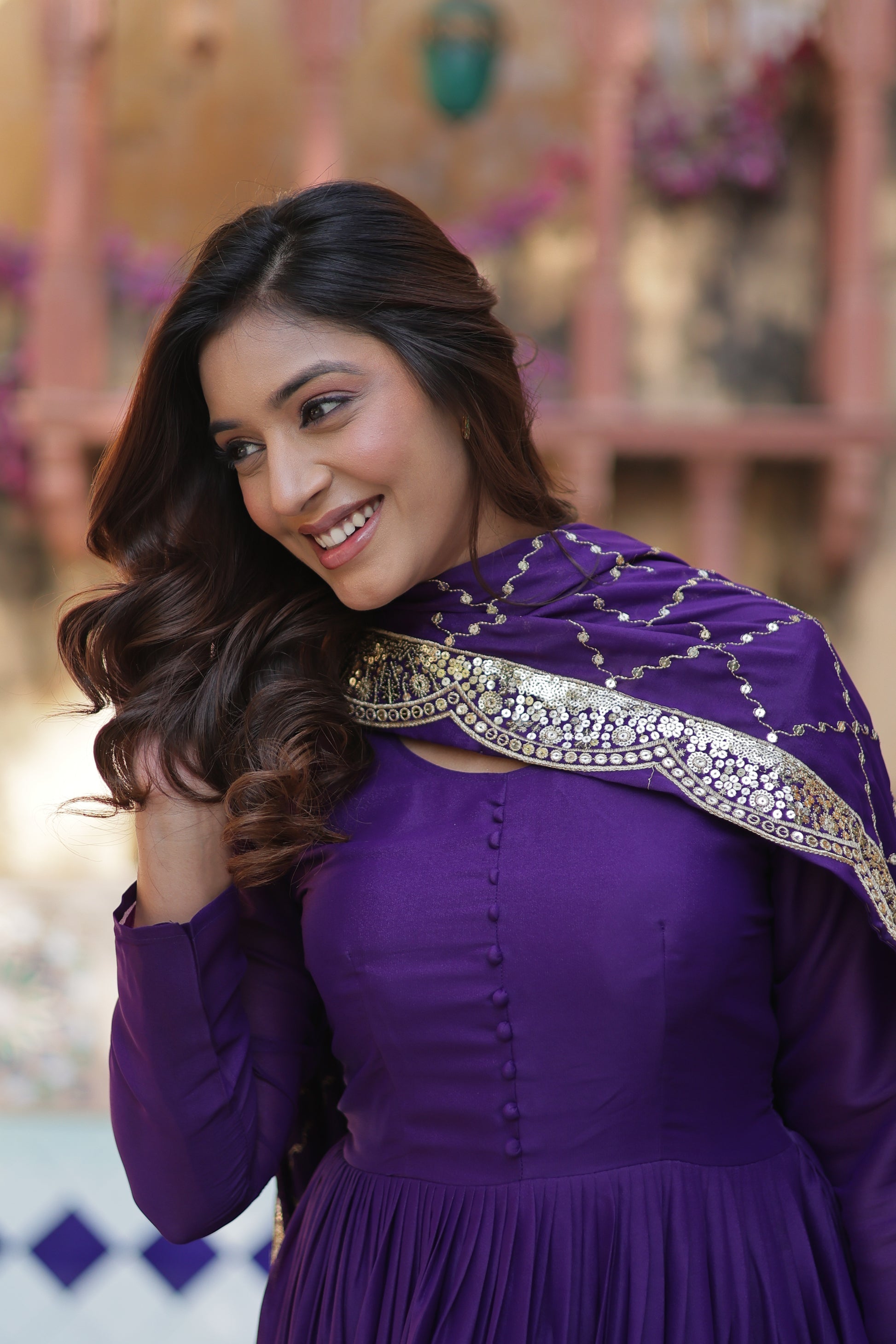 Aarushi Purple Georgette Embroidered Flared Anarkali Gown Set