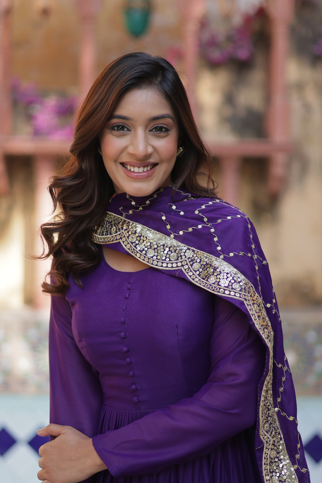 Aarushi Purple Georgette Embroidered Flared Anarkali Gown Set