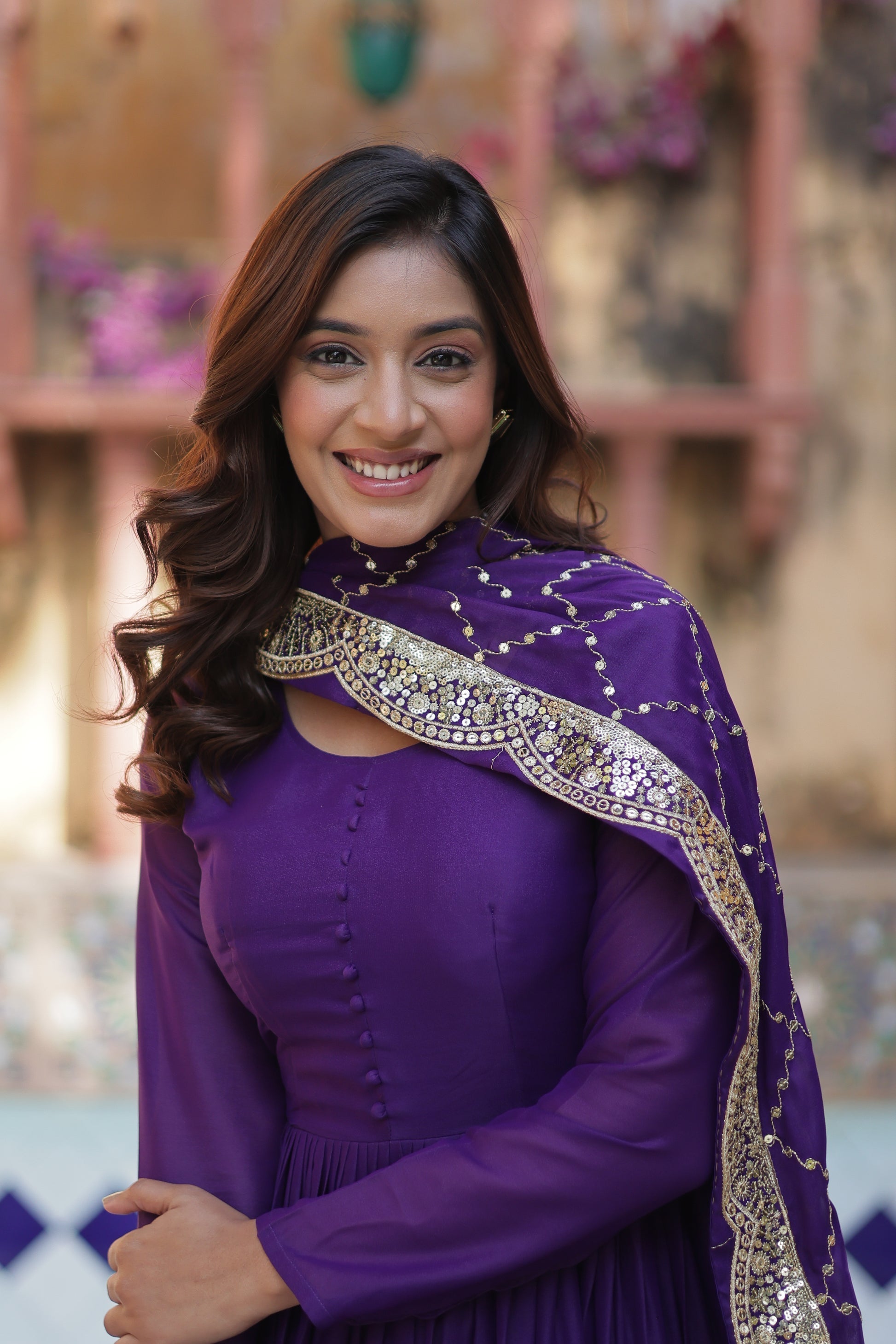 Aarushi Purple Georgette Embroidered Flared Anarkali Gown Set