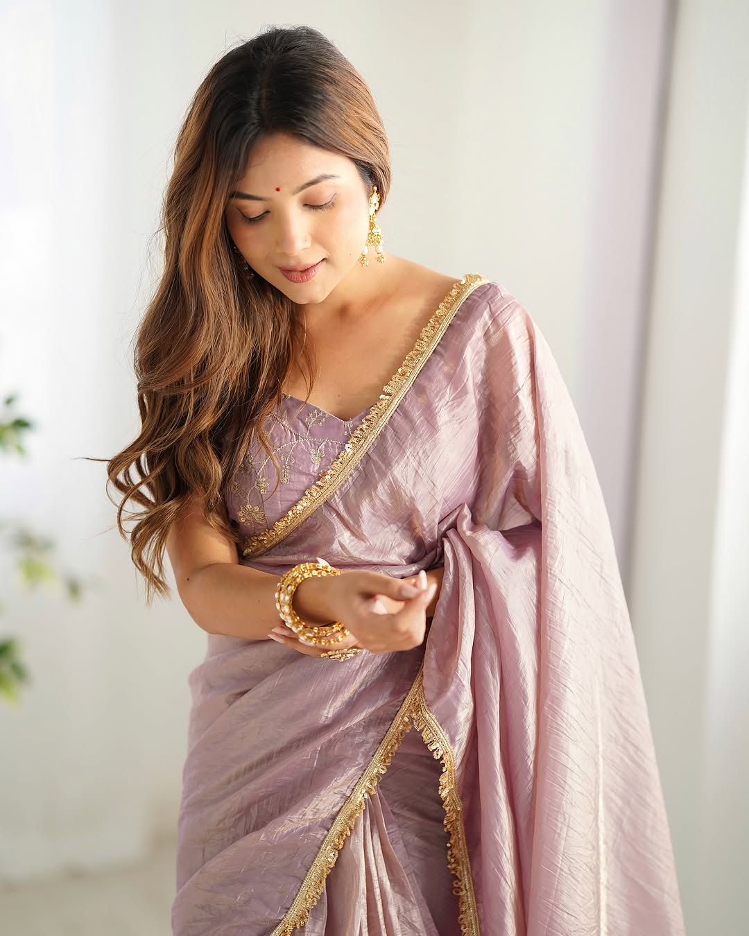 Aarvi light dusty mauve ready to wear gold crush tissue silk saree