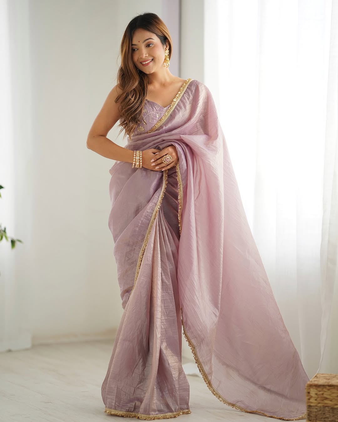 Aarvi light dusty mauve ready to wear gold crush tissue silk saree