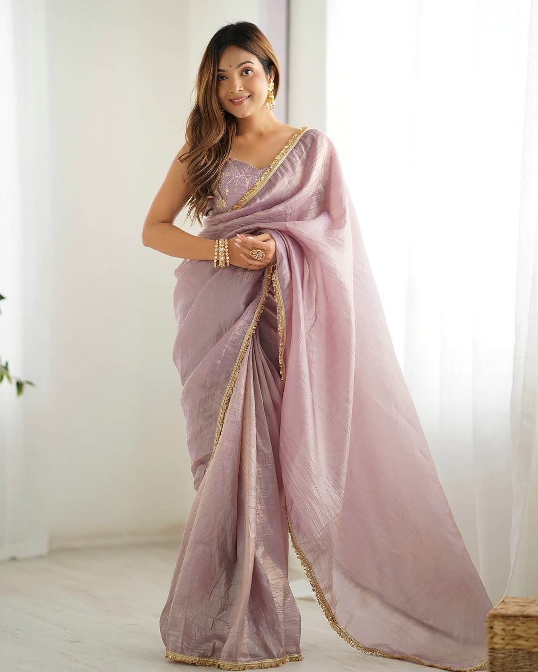 Aarvi light dusty mauve ready to wear gold crush tissue silk saree